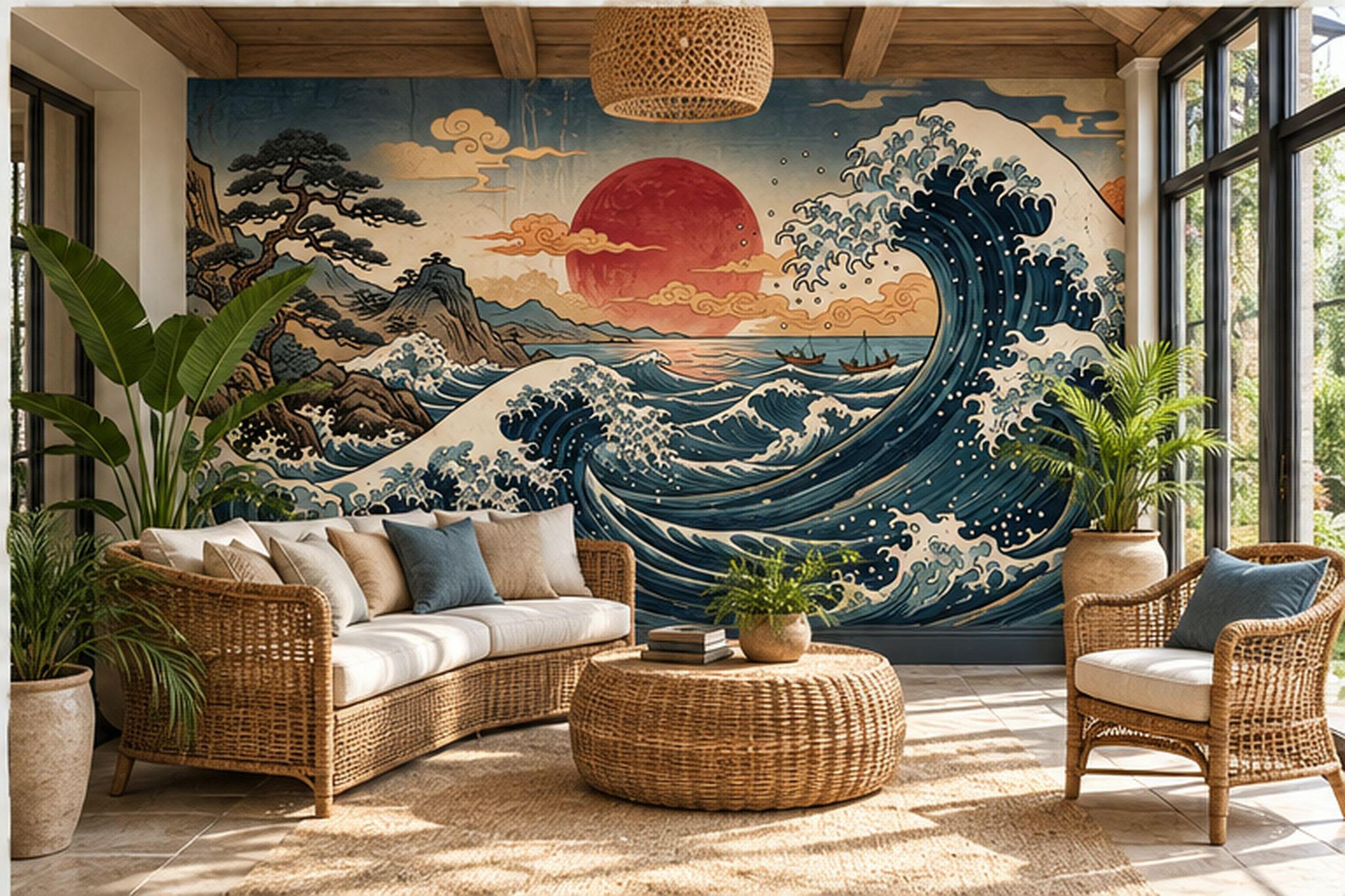 Navy Waves Artful Layered Wallpaper Mural Living-room-wallpaper-murals, Peel-and-stick Finish