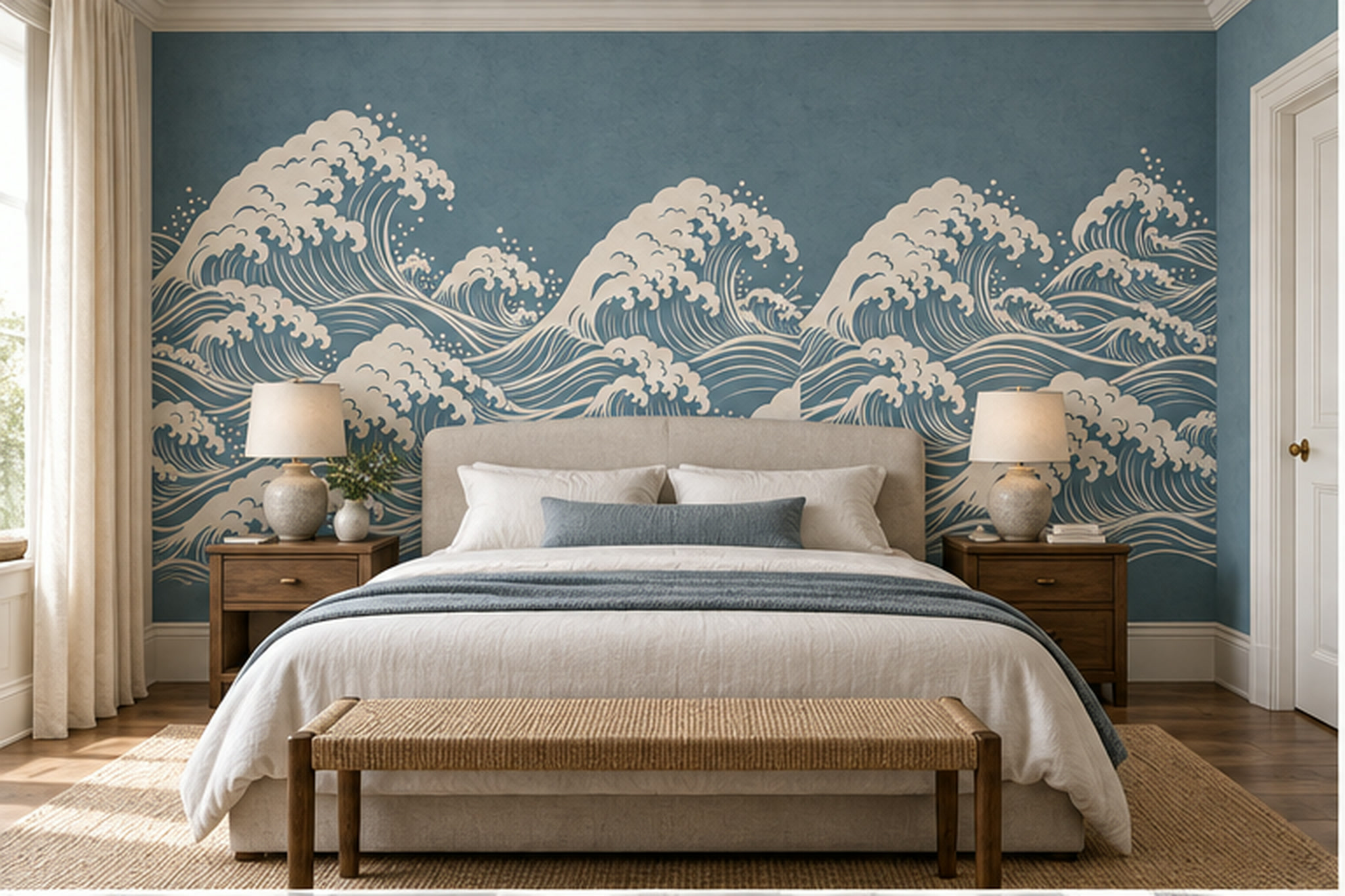 Blue Waves Artful Organic Wallpaper Mural Bedroom-wallpaper-murals, Peel-and-stick Finish