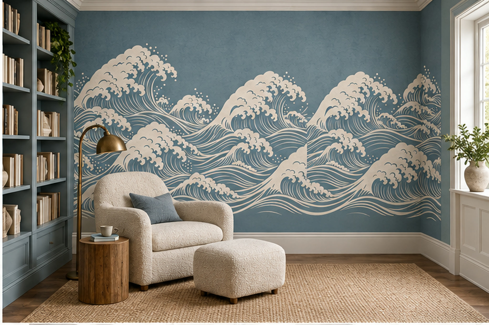 Blue Waves Artful Organic Wallpaper Mural Living-room-wallpaper-murals, Shown In A Living Room, Peel-and-stick Finish