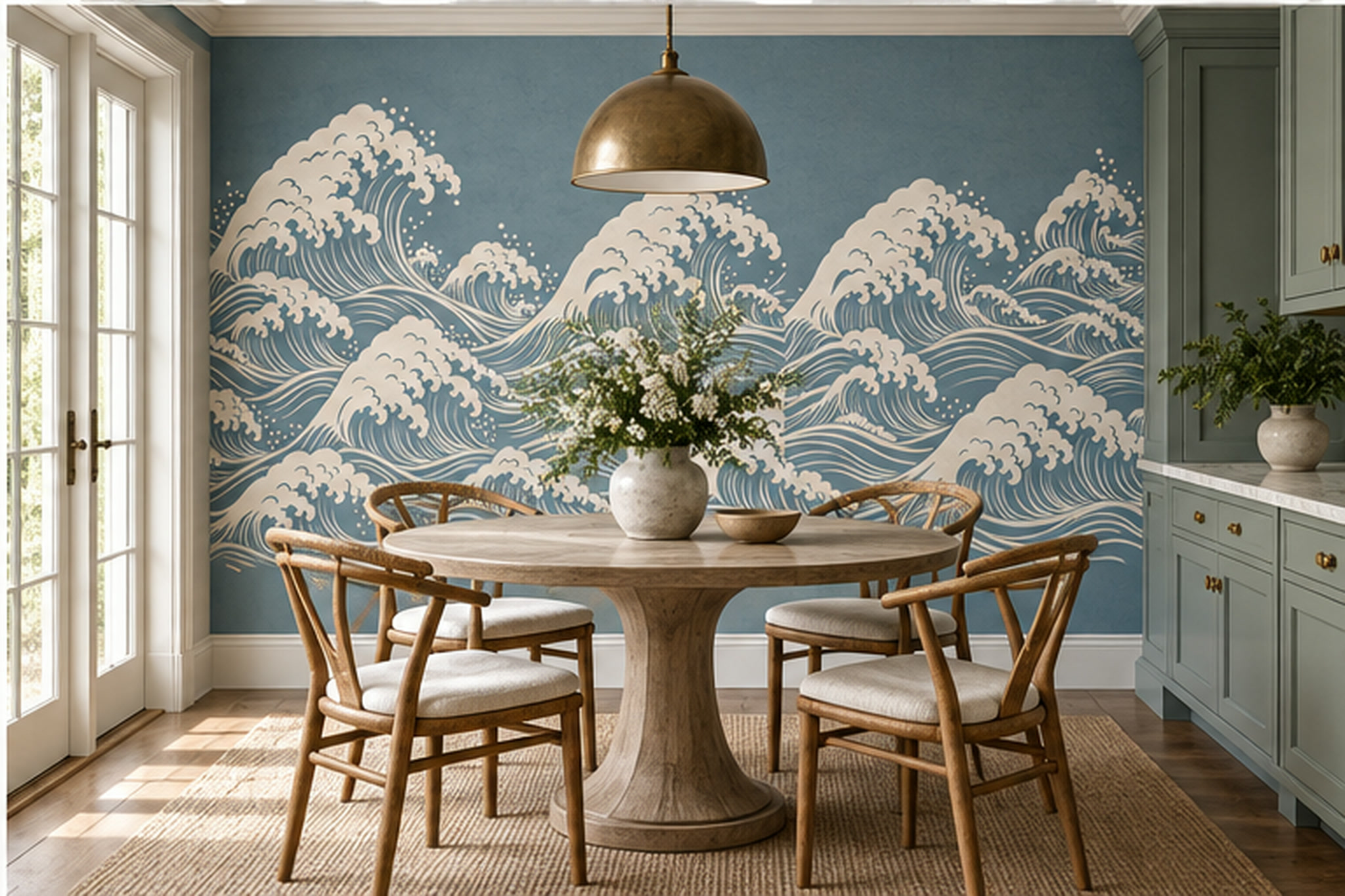 Repeating Cream Wave Crests On Slate Blue Wallpaper Mural — Wallpaper Mural Design, Peel-and-stick Finish