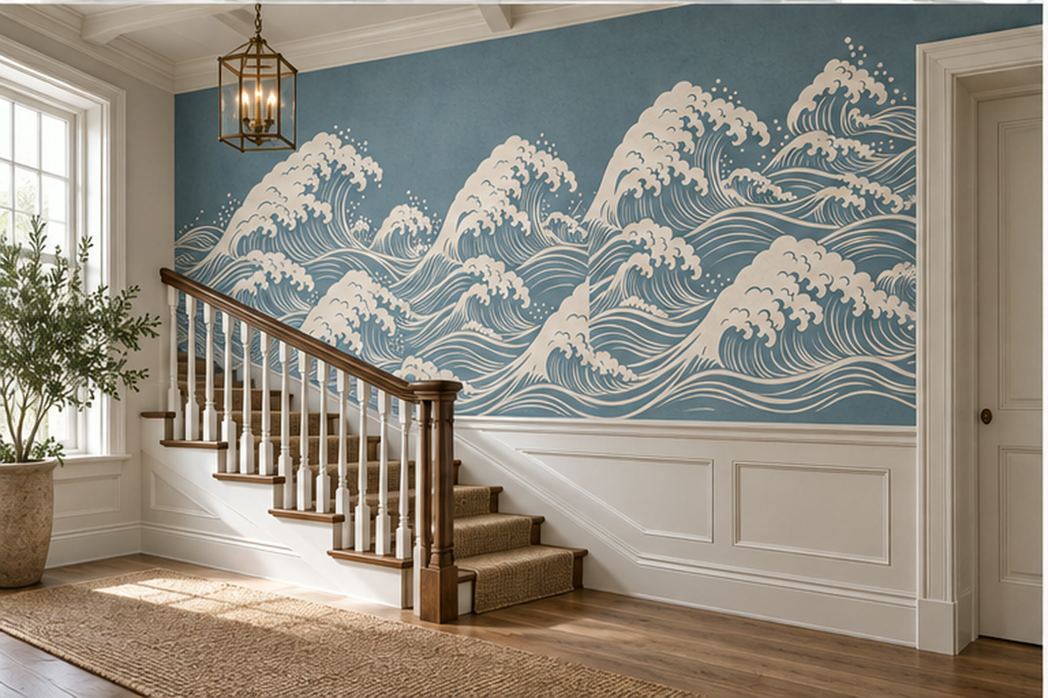 Blue Waves Artful Organic Wallpaper Mural Dining-room-wallpaper-murals, Peel-and-stick Finish