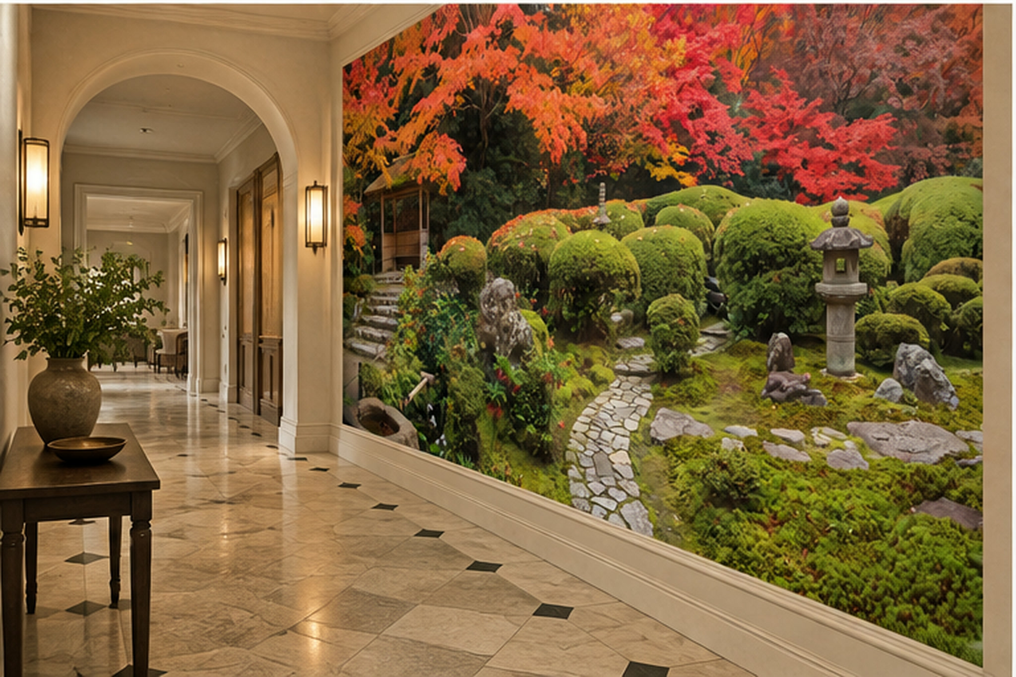 Red Garden Scenic Wallpaper Mural Hallway-wallpaper-murals, Peel-and-stick Finish