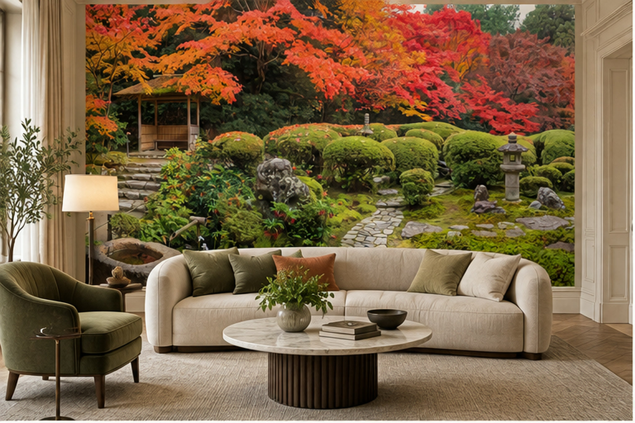 Red Garden Scenic Wallpaper Mural Living-room-wallpaper-murals, Peel-and-stick Finish