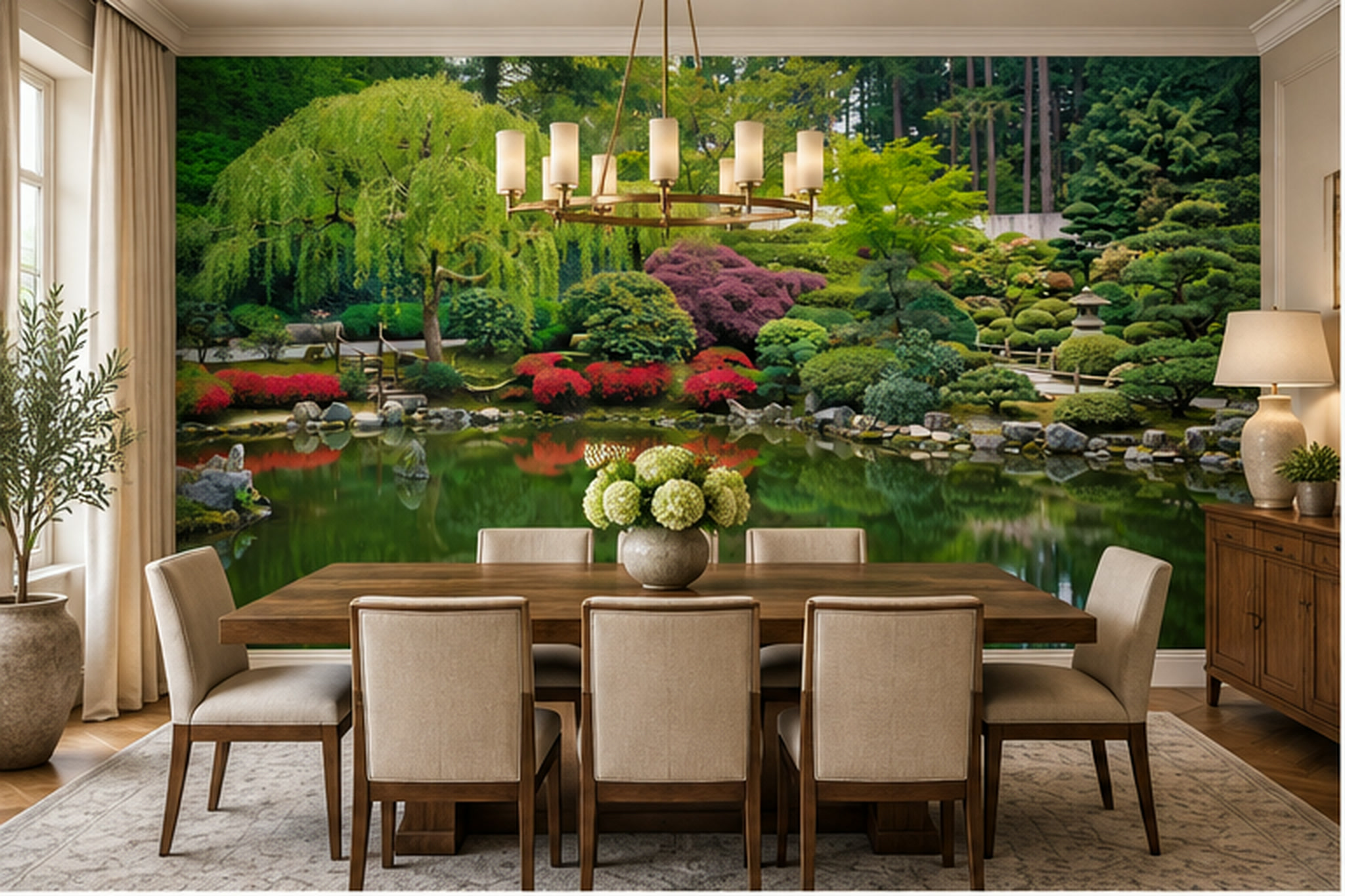 Green Japanese Garden Pond With Willow And Stone Lantern Wallpaper Mural — Wallpaper Mural Design, Peel-and-stick Finish