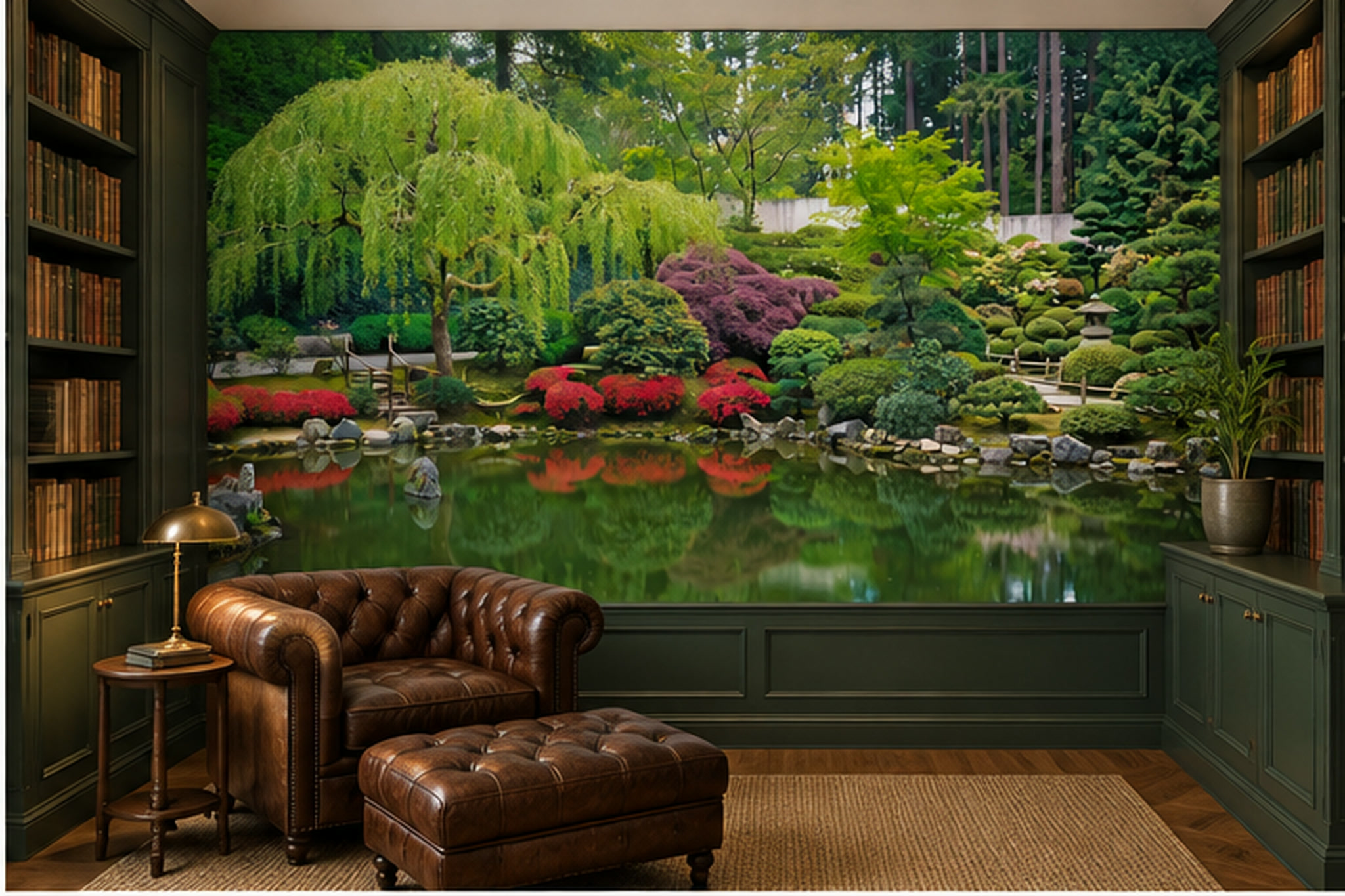 Green Garden Scenic Organic Wallpaper Mural Home-office-wallpaper-murals, Shown In A Home Office, Peel-and-stick Finish