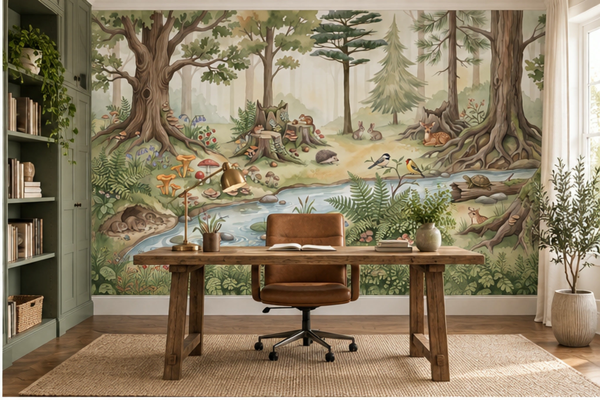 Green Woodland Scenic Textured Wallpaper Mural Home-office-wallpaper-murals, Shown In A Home Office, Peel-and-stick Finish