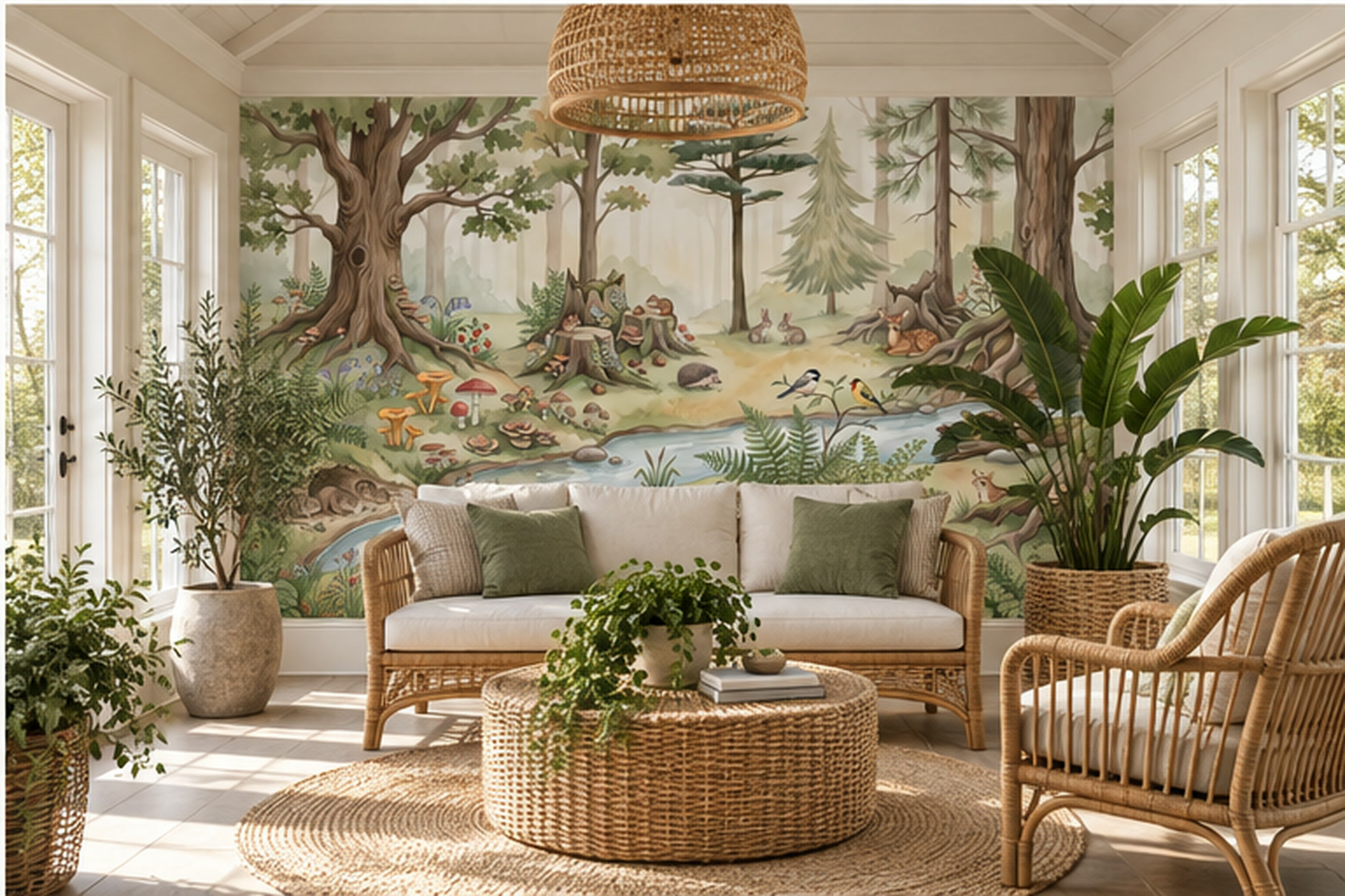 Woodland Animals Beside A Stream With Mushrooms And Ferns Wallpaper Mural — Wallpaper Mural Design, Peel-and-stick Finish