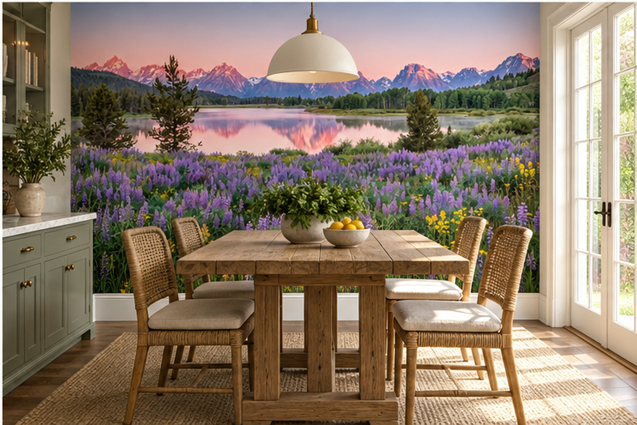 Purple Lake Scenic Wallpaper Mural Dining-room-wallpaper-murals, Shown In A Dining Room, Peel-and-stick Finish