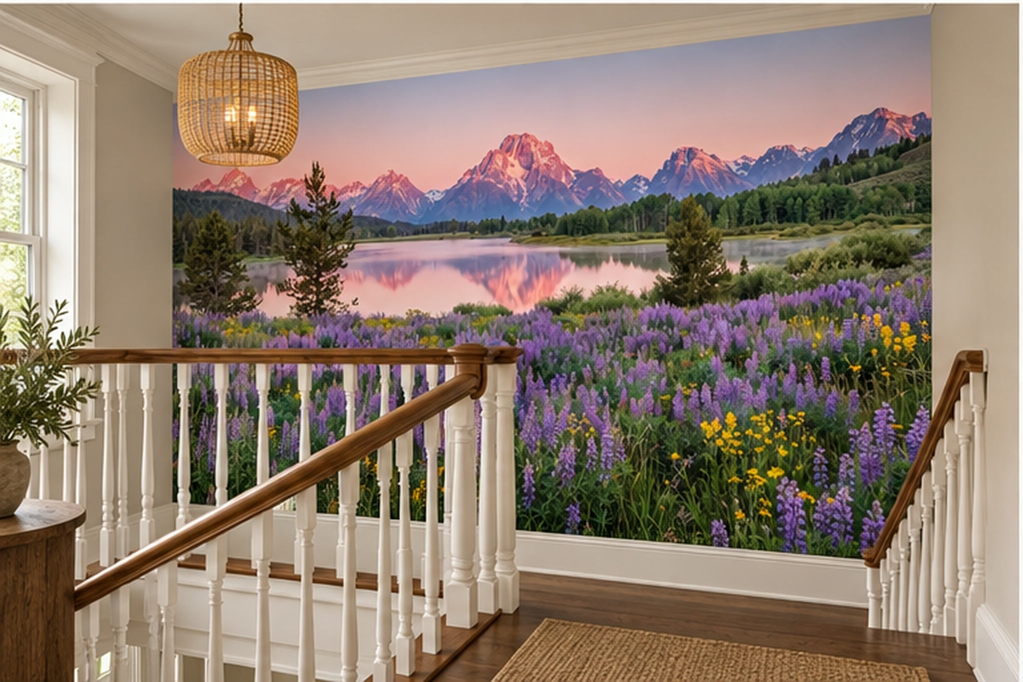 Purple Lake Scenic Wallpaper Mural Hallway-wallpaper-murals, Peel-and-stick Finish