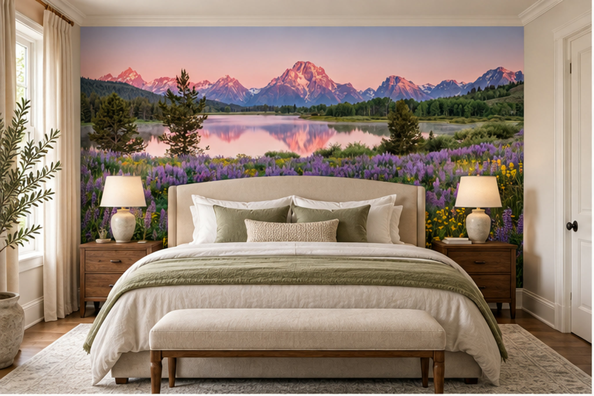 Purple Lake Scenic Wallpaper Mural Feature-wall-wallpaper-murals, Peel-and-stick Finish