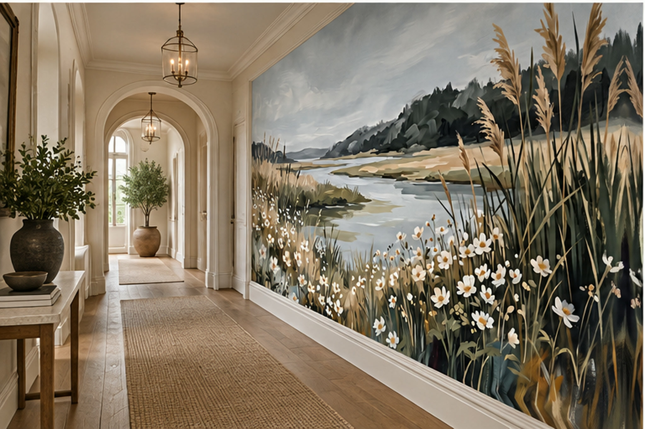 Beige Grasses Artful Painterly Wallpaper Mural Hallway-wallpaper-murals, Peel-and-stick Finish
