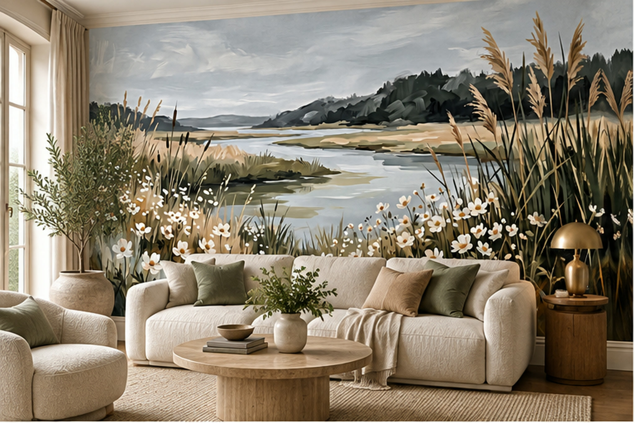 Reeds And White Daisies Along A Grey River Wallpaper Mural — Wallpaper Mural Design, Peel-and-stick Finish