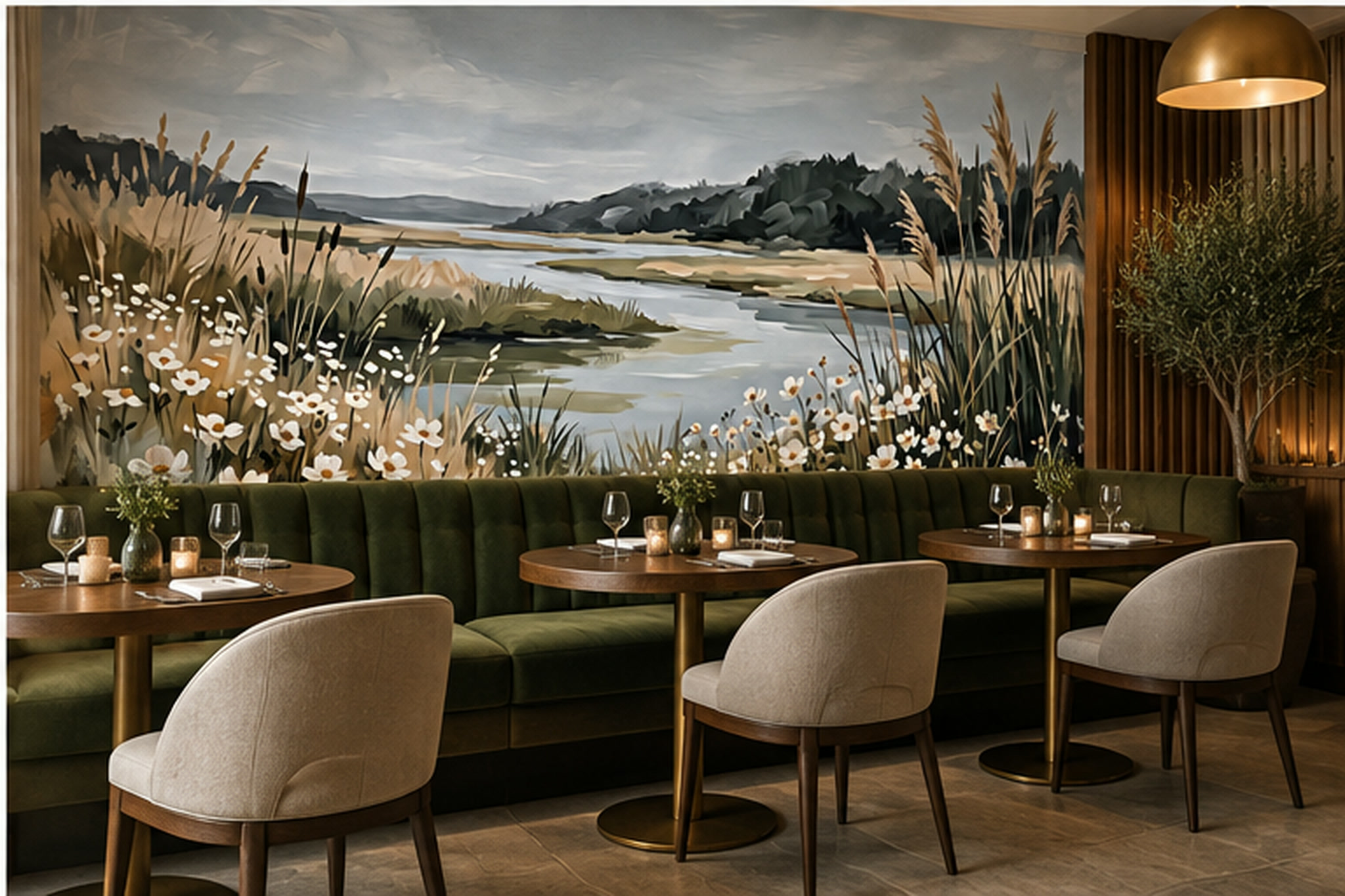 Beige Grasses Artful Painterly Wallpaper Mural Dining-room-wallpaper-murals, Shown In A Dining Room, Peel-and-stick Finish