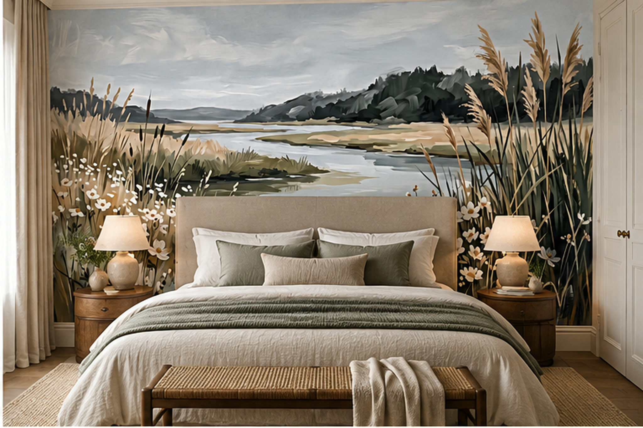 Beige Grasses Artful Painterly Wallpaper Mural Bedroom-wallpaper-murals, Peel-and-stick Finish