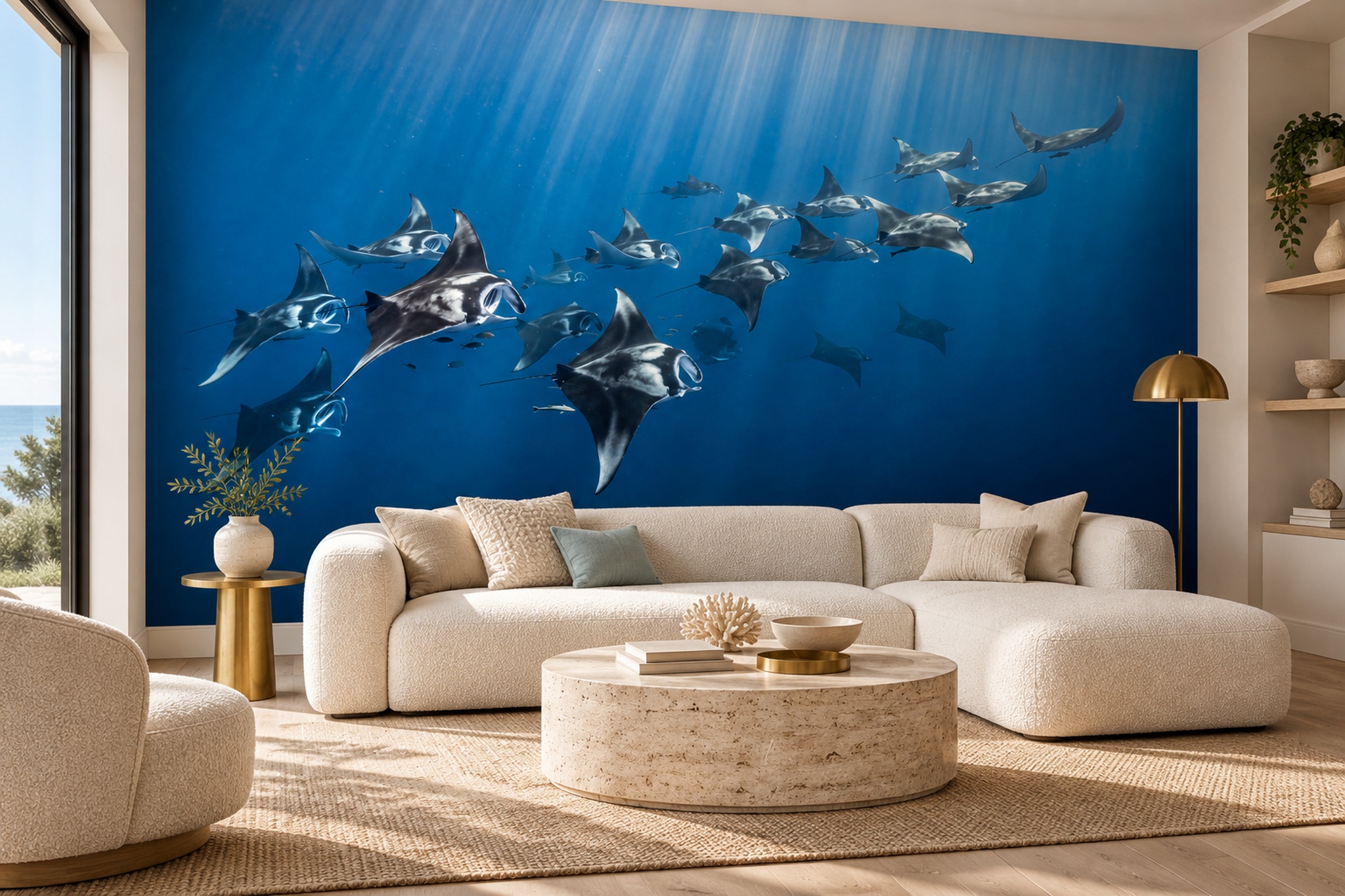 Manta Rays Beneath Sunbeams In Deep Blue Water Wallpaper Mural — Wallpaper Mural Design, Peel-and-stick Finish