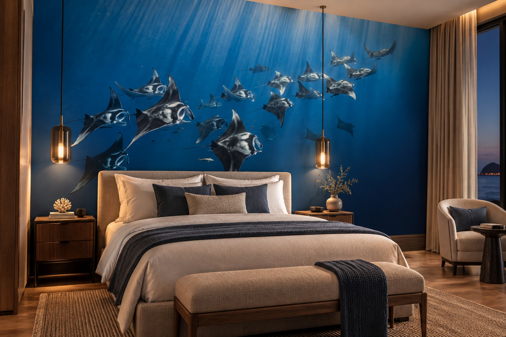 Blue Pattern Decorative Wallpaper Mural Painterly Detail Wallpaper Mural Bedroom-wallpaper-murals, Peel-and-stick Finish