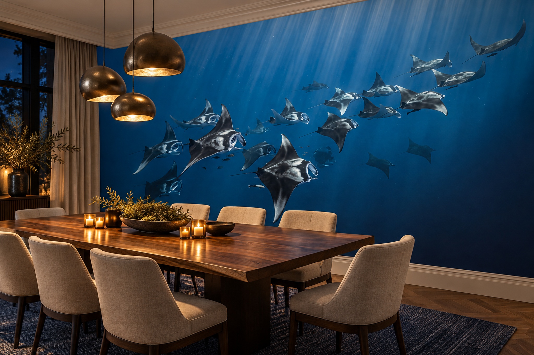 Blue Pattern Decorative Wallpaper Mural Painterly Detail Wallpaper Mural Dining-room-wallpaper-murals, Shown In A Dining Room, Peel-and-stick Finish