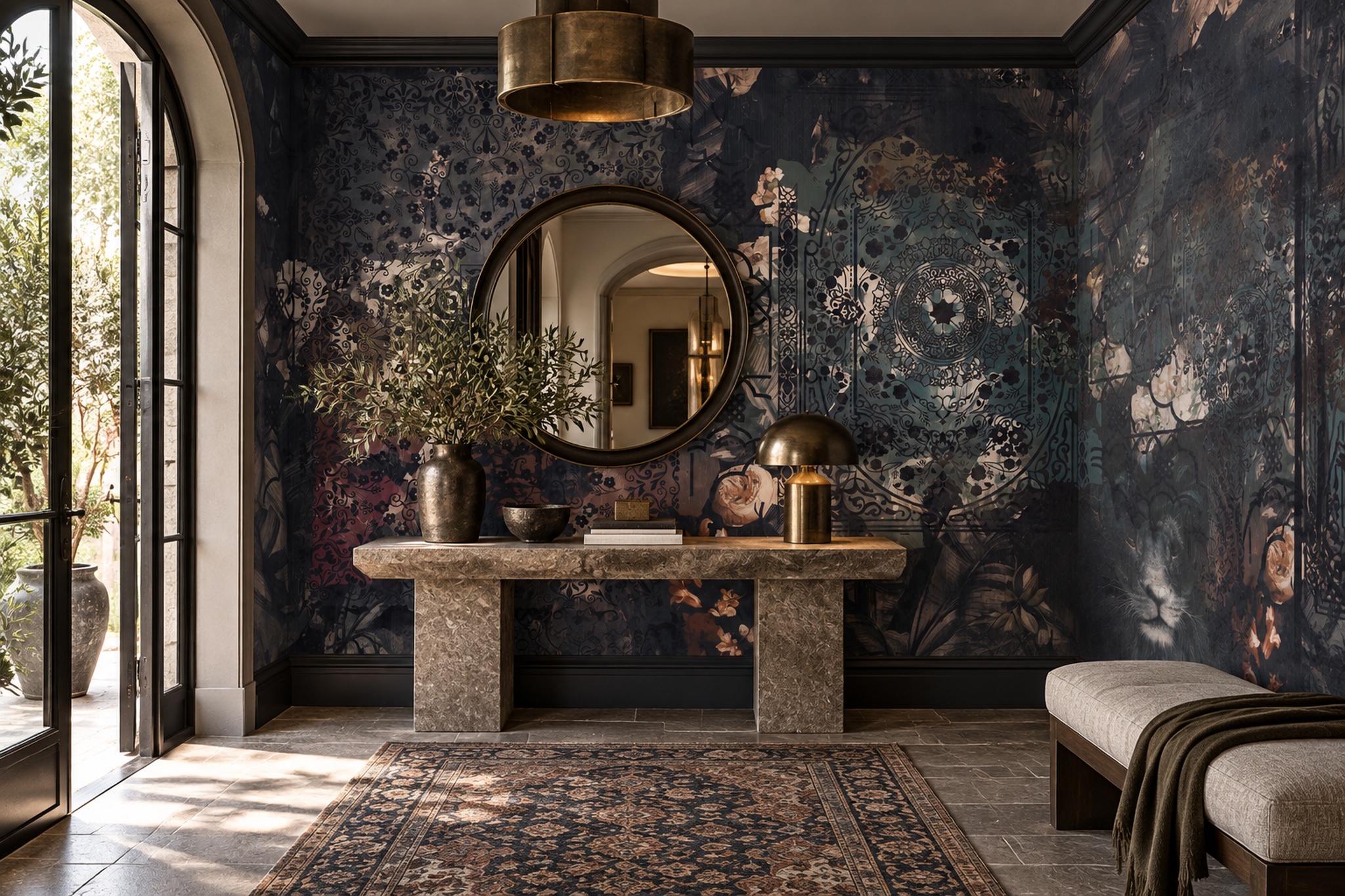 Black Pattern Decorative Wallpaper Mural Layered Forms Wallpaper Mural Entryway-wallpaper-murals, Peel-and-stick Finish