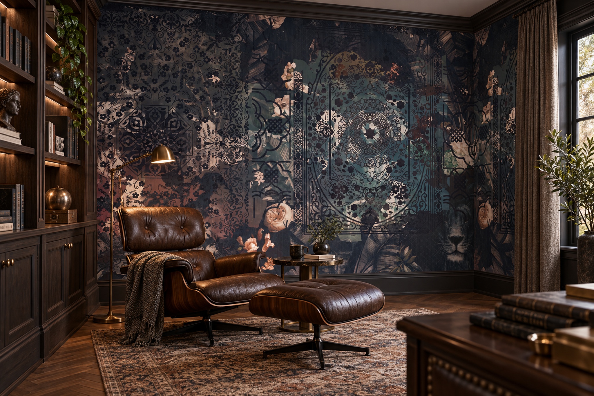Black Pattern Decorative Wallpaper Mural Layered Forms Wallpaper Mural Home-office-wallpaper-murals, Shown In A Home Office, Peel-and-stick Finish