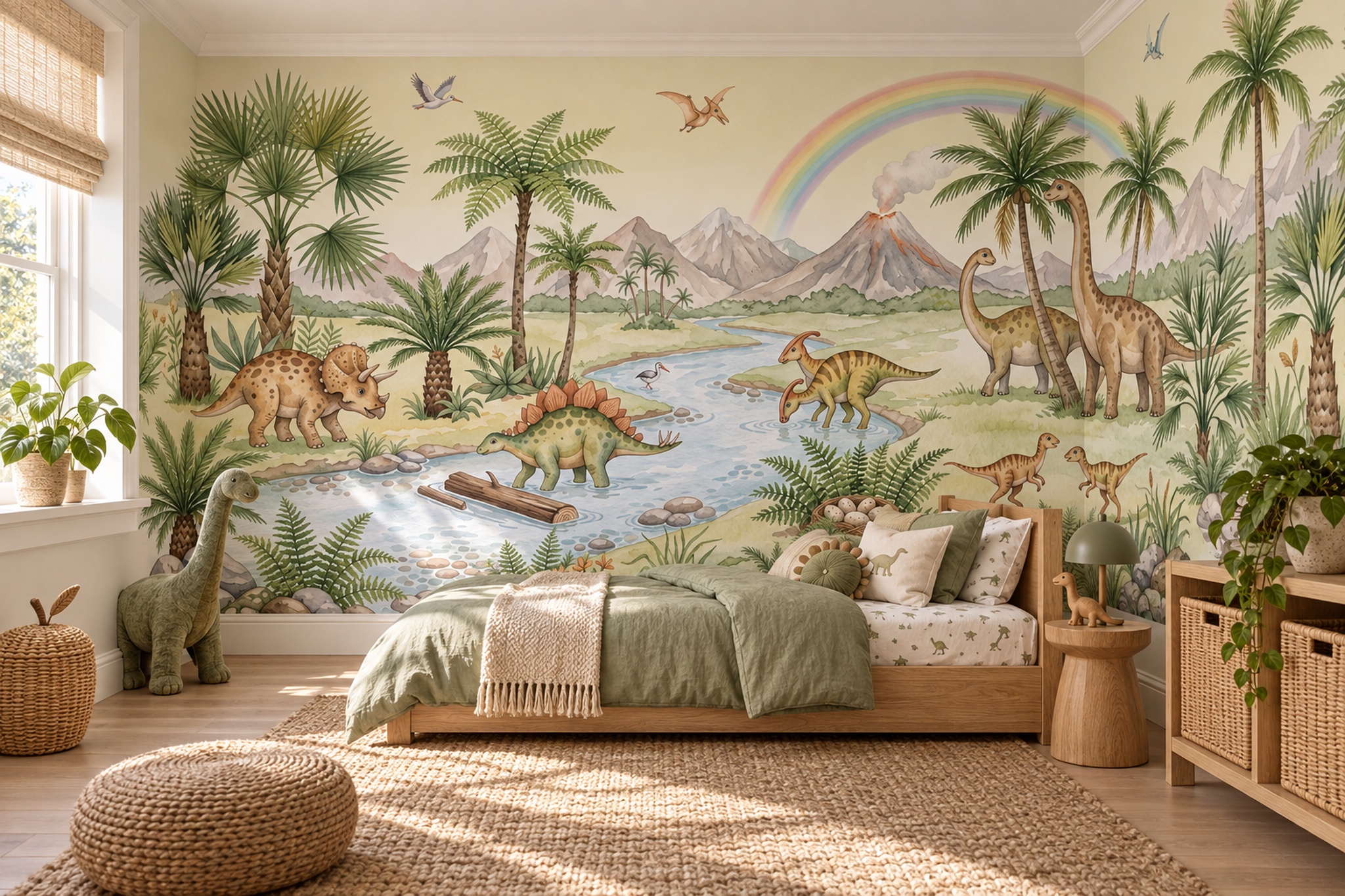 Watercolour Dinosaurs By A Volcanic River Wallpaper Mural — Wallpaper Mural Design, Peel-and-stick Finish