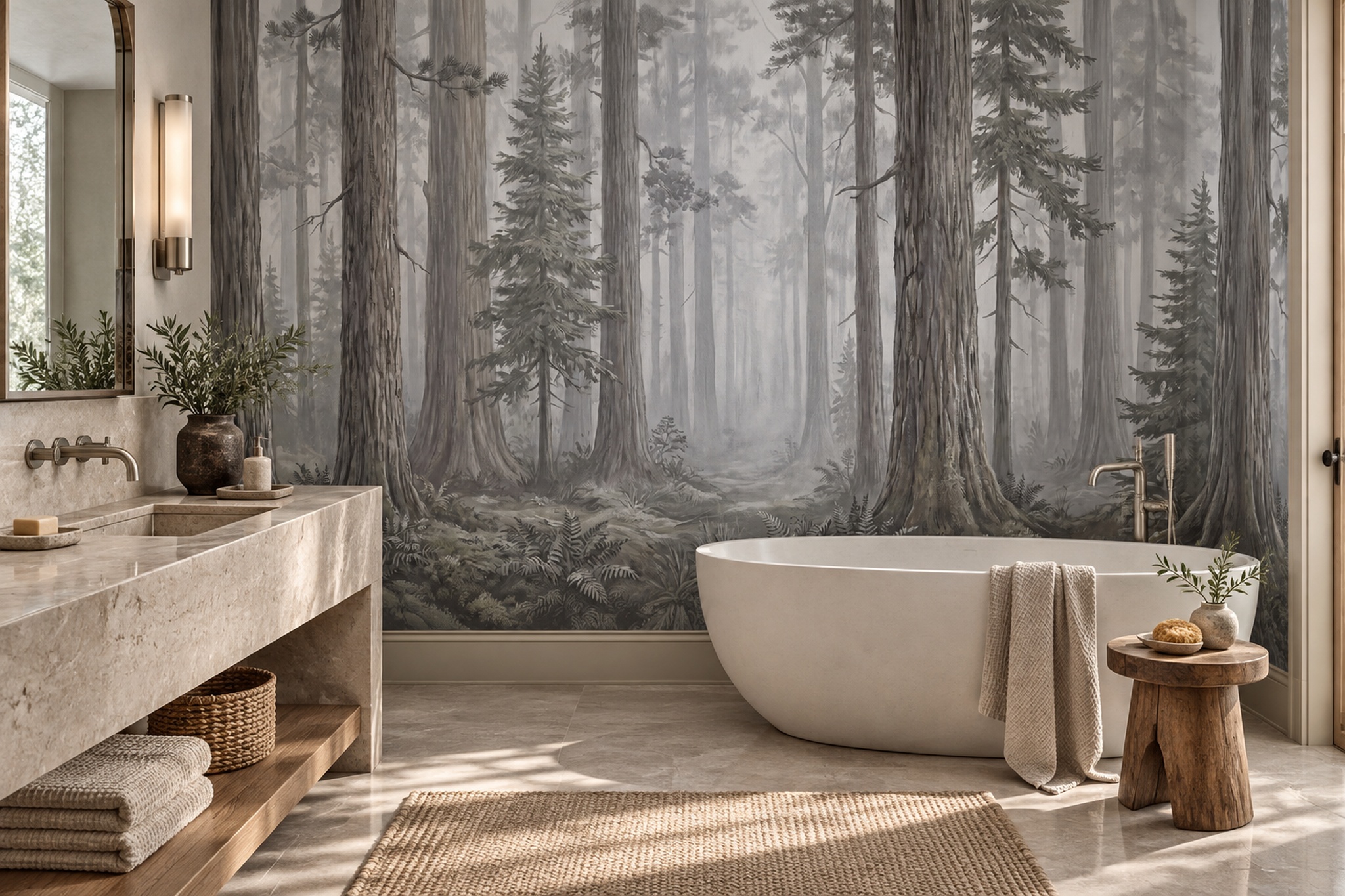 Monochrome Foggy Forest Wallpaper Mural — Installed Wallpaper Mural In A Bedroom, Peel-and-stick Finish