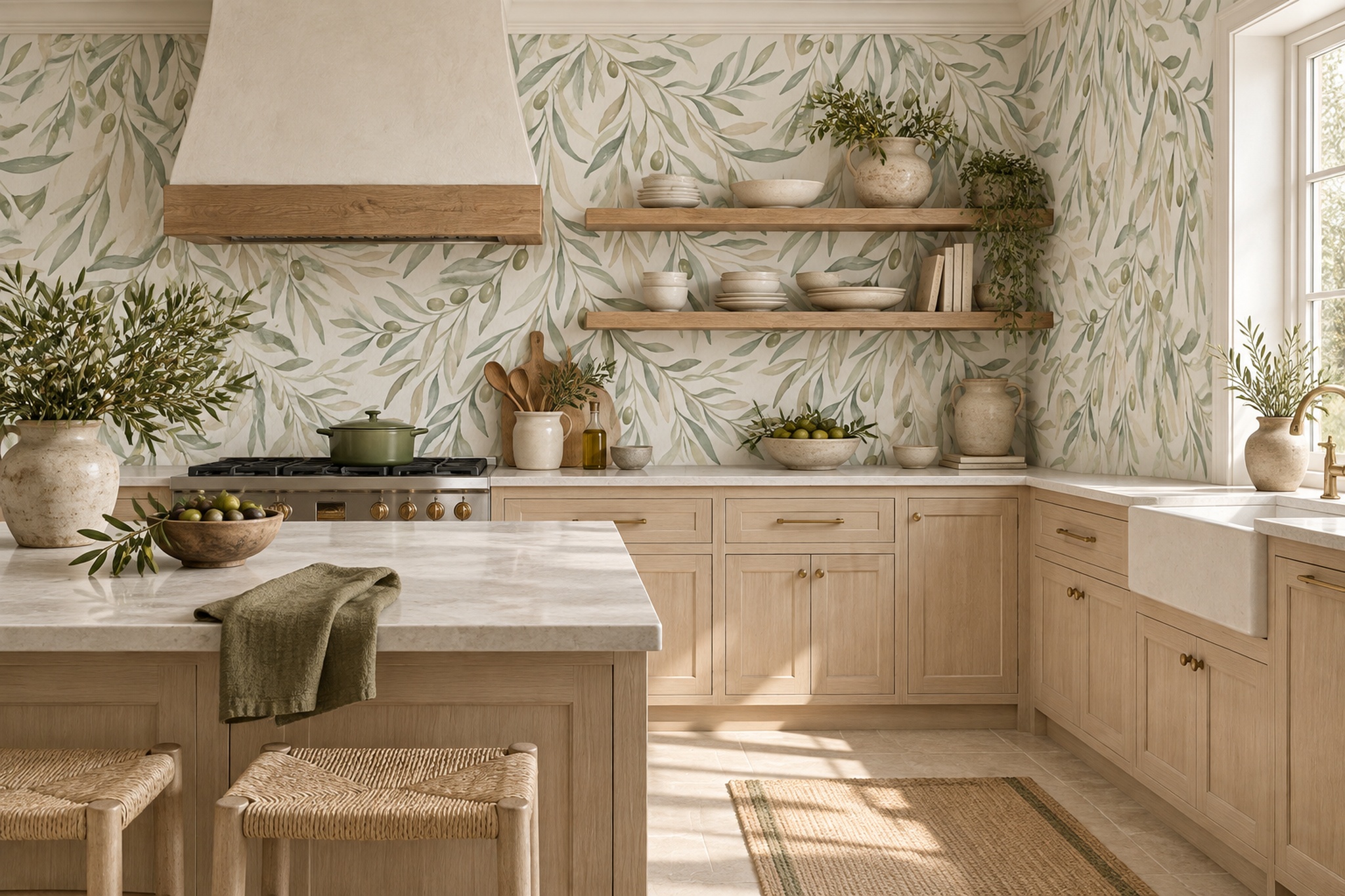 Sage Pattern Decorative Wallpaper Mural Layered Linear Wallpaper Mural, Peel-and-stick Finish