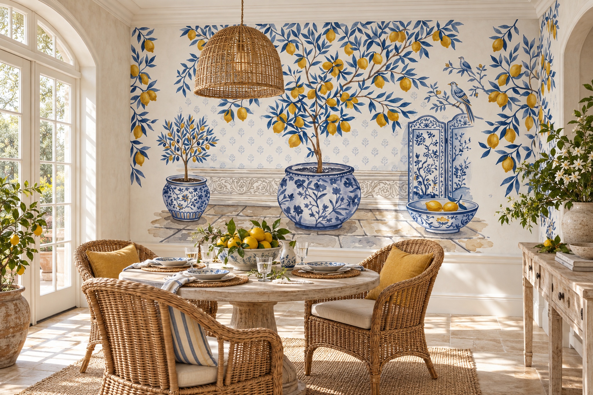 Blue And White Lemon Trees And Ceramic Pots Wallpaper Mural — Wallpaper Mural Design, Peel-and-stick Finish