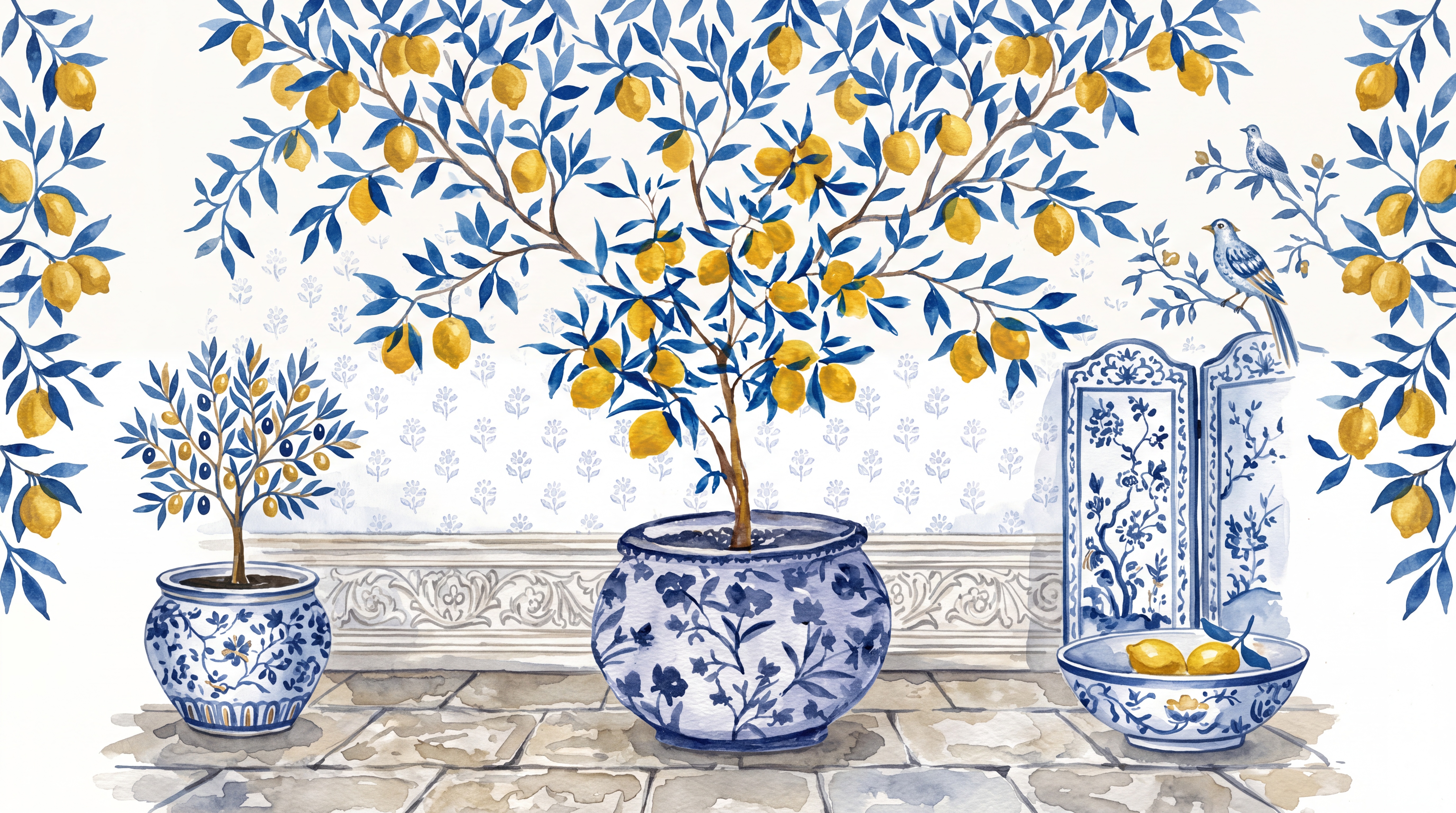 Blue Pattern Decorative Wallpaper Painterly Composition Wallpaper Mural, Peel-and-stick Finish