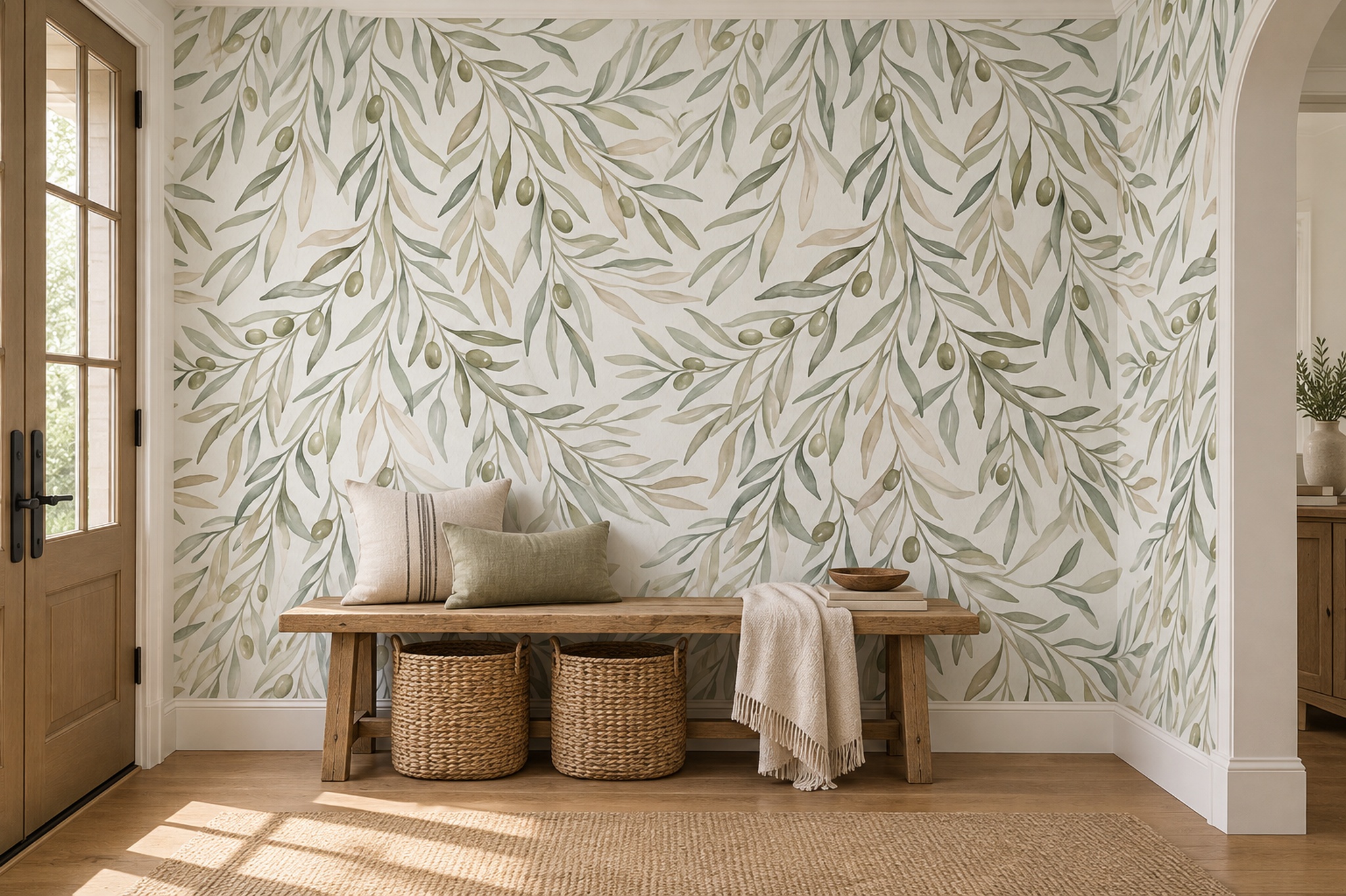 Blue Pattern Decorative Wallpaper Painterly Composition Wallpaper Mural Dining-room-wallpaper-murals, Shown In A Dining Room, Peel-and-stick Finish