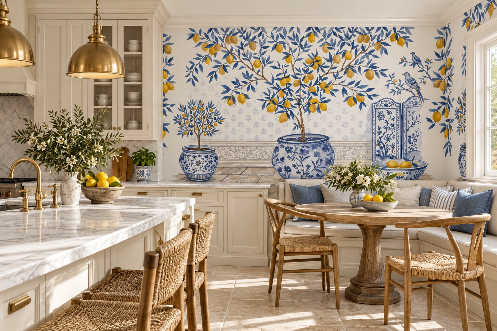 Blue Pattern Decorative Wallpaper Painterly Composition Wallpaper Mural Accent-wall-wallpaper-murals, Peel-and-stick Finish