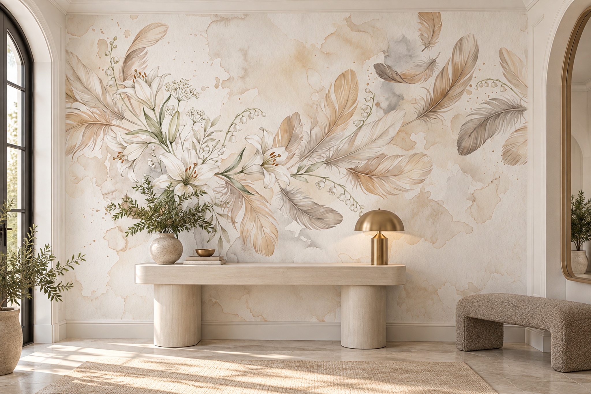 Ivory Floral Botanical Decorative Wallpaper Mural Entryway-wallpaper-murals, Peel-and-stick Finish