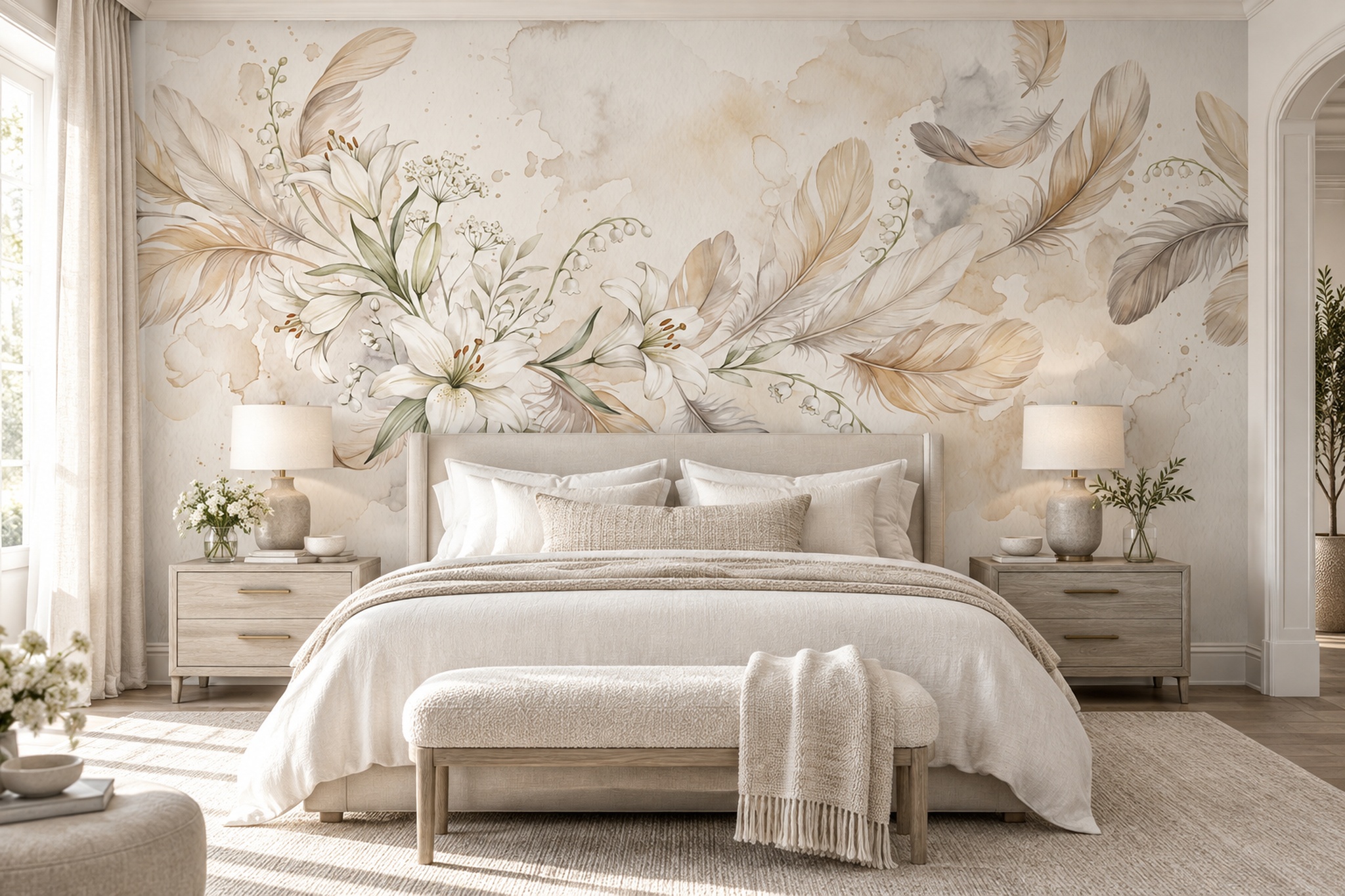 Ivory Floral Botanical Decorative Wallpaper Mural Bedroom-wallpaper-murals, Peel-and-stick Finish