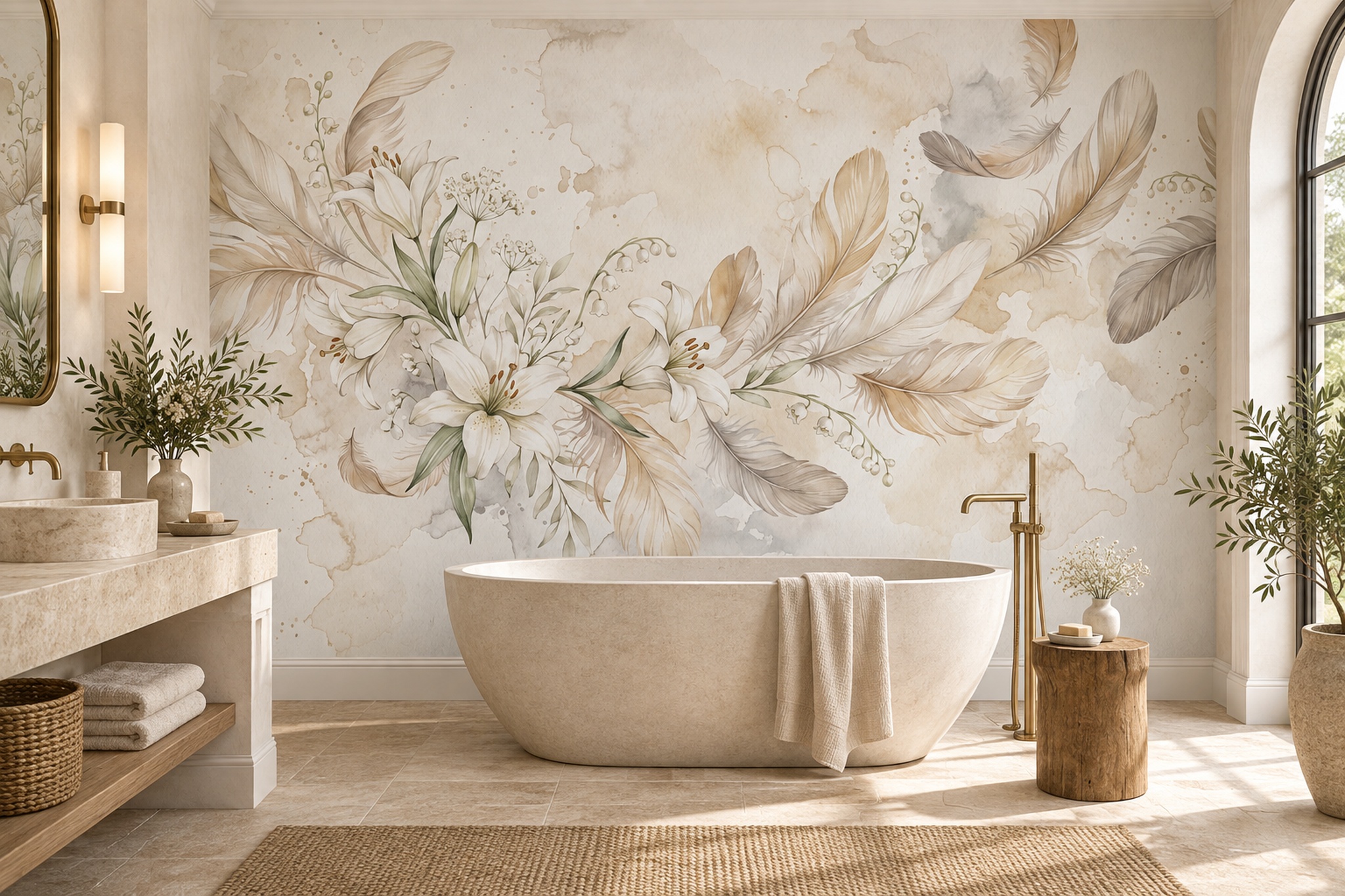Ivory Lilies And Feather Botanical Wallpaper Mural — Wallpaper Mural Design, Peel-and-stick Finish