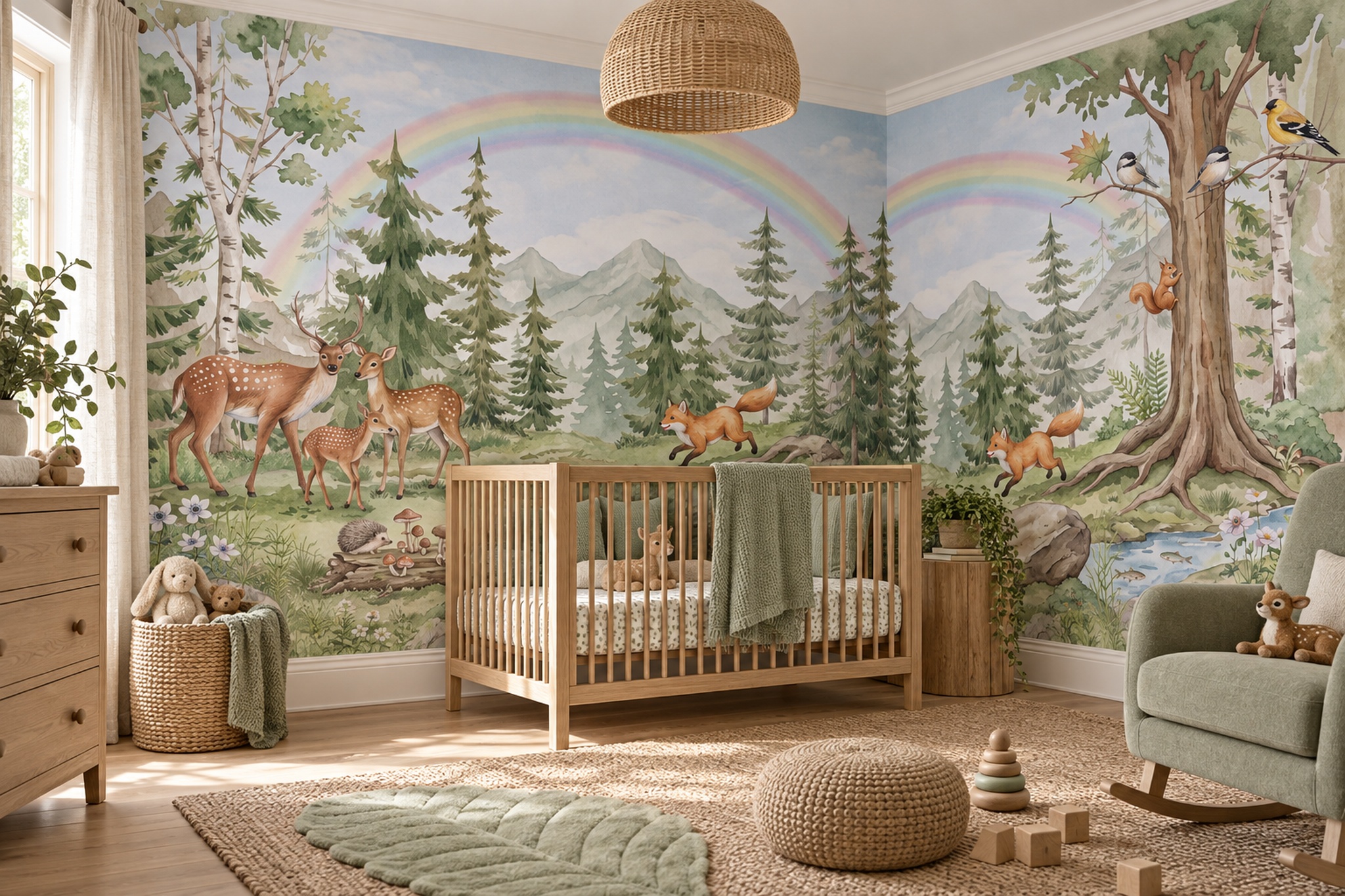 Green Woodland Scenic Organic Wallpaper Mural Nursery-wallpaper-murals, Peel-and-stick Finish