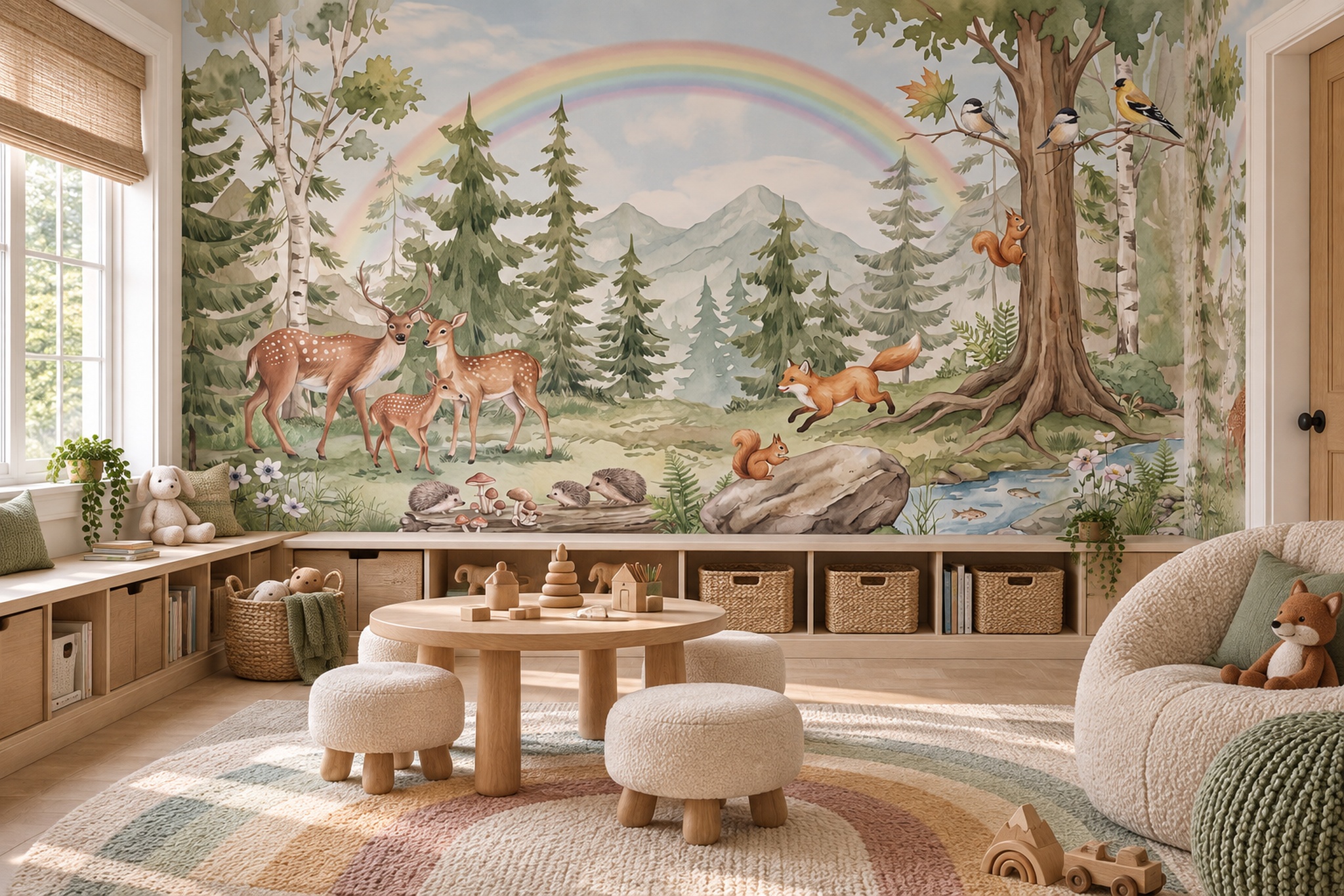 Woodland Animals Beneath A Mountain Rainbow Wallpaper Mural — Wallpaper Mural Design, Peel-and-stick Finish
