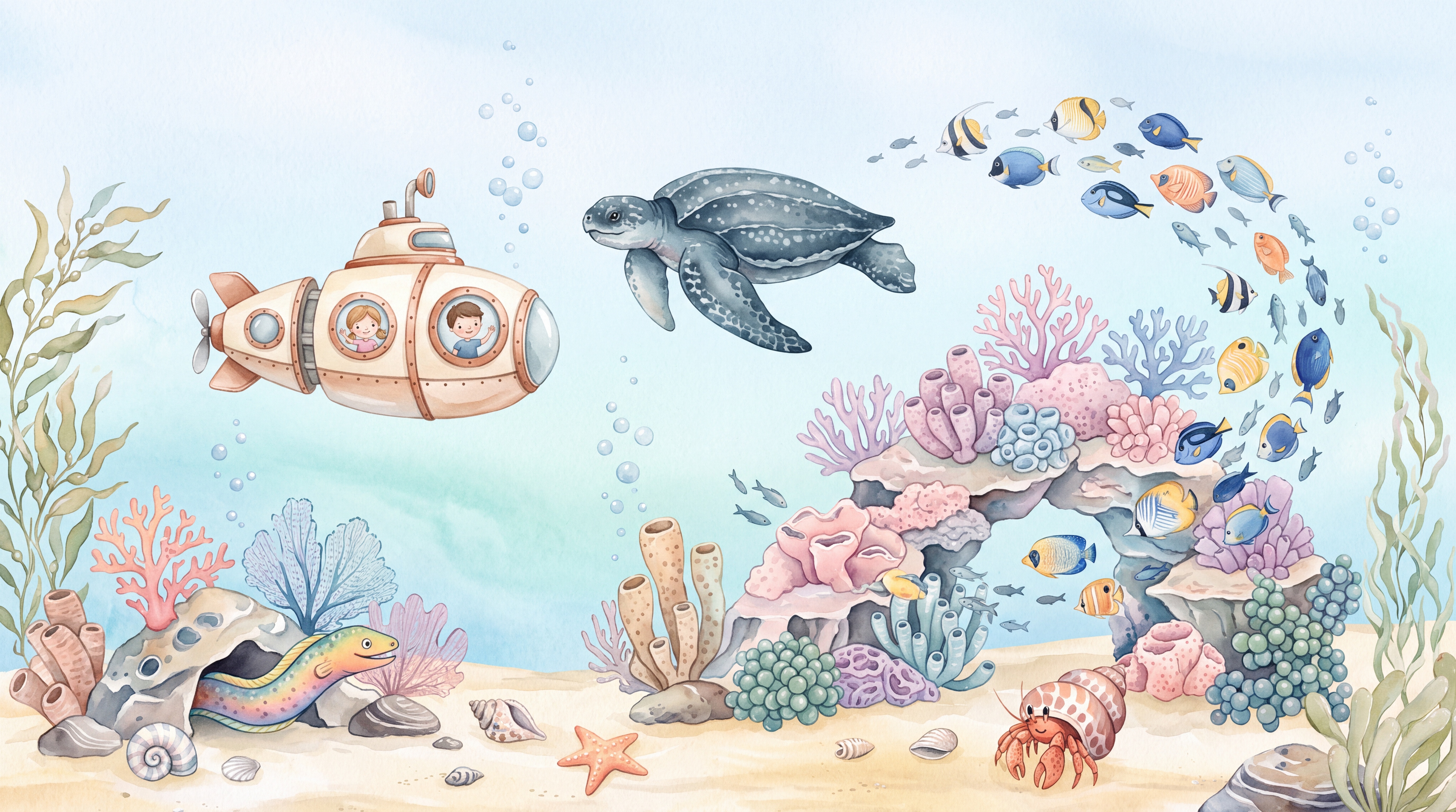 Blue Reef Scenic Painterly Wallpaper Mural, Peel-and-stick Finish