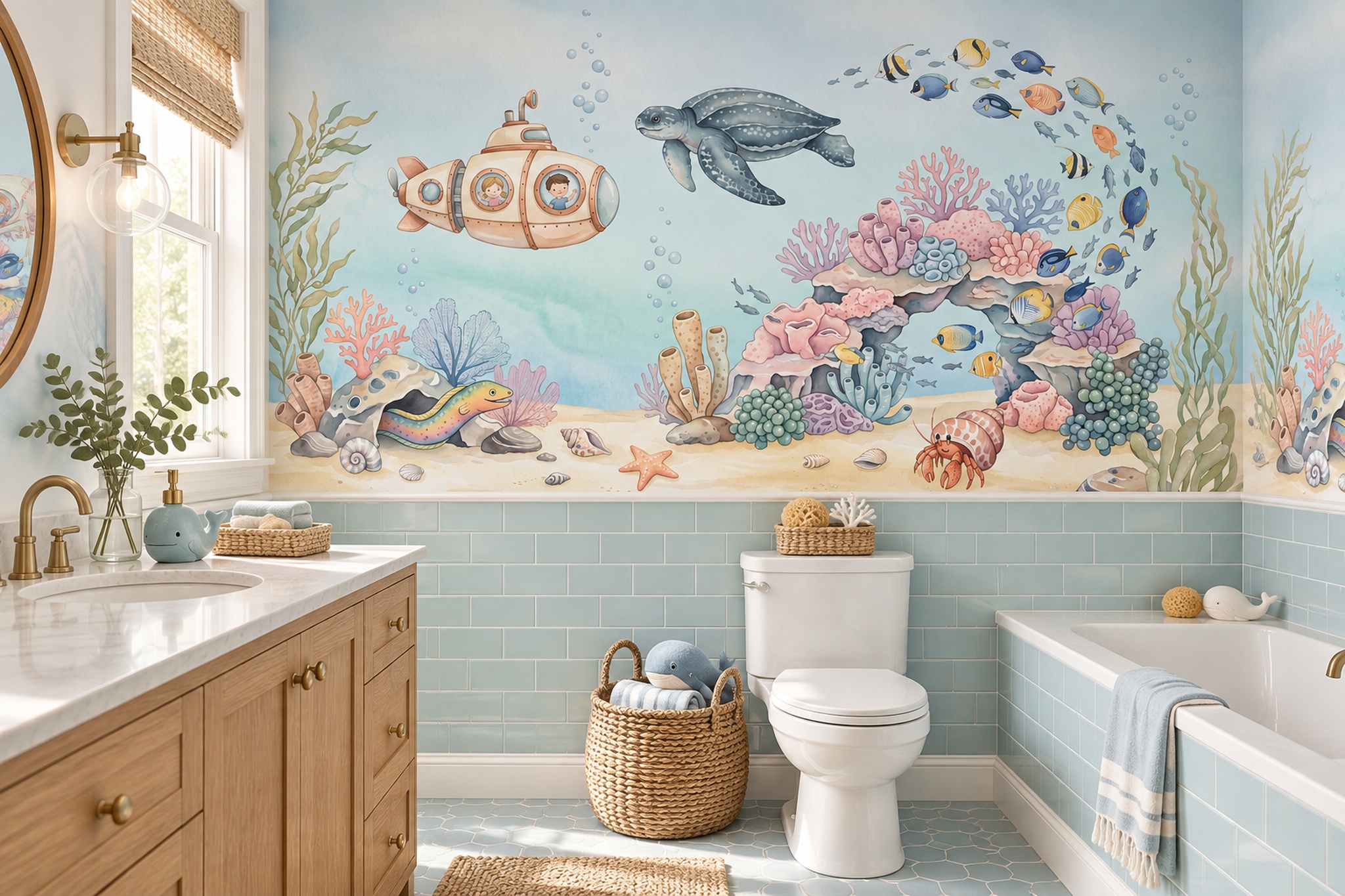 Blue Reef Scenic Painterly Wallpaper Mural Bathroom-wallpaper-murals, Peel-and-stick Finish