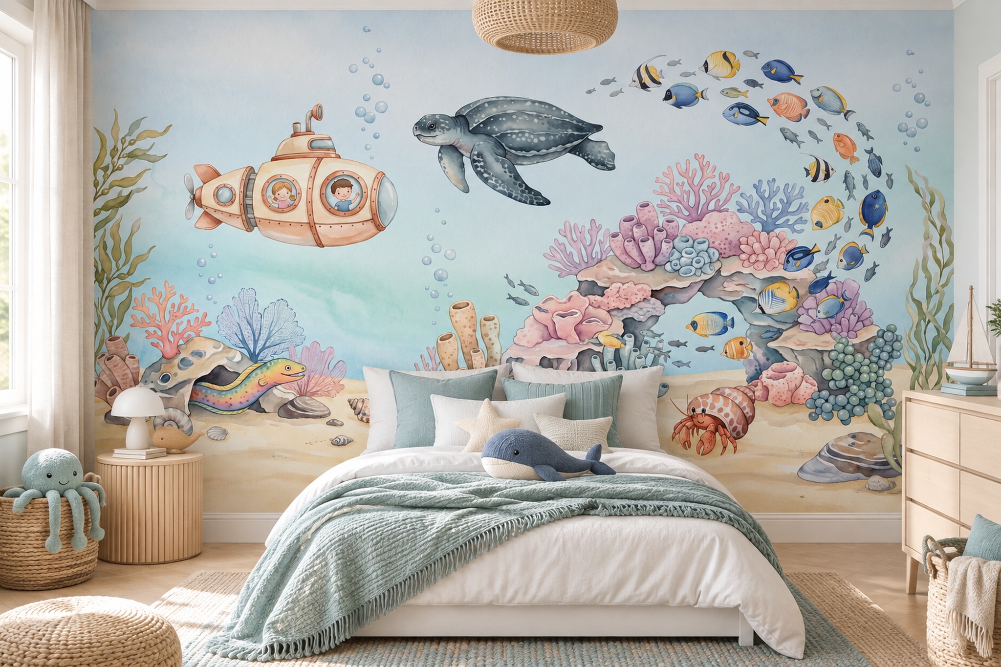Blue Reef Scenic Painterly Wallpaper Mural Feature-wall-wallpaper-murals, Peel-and-stick Finish