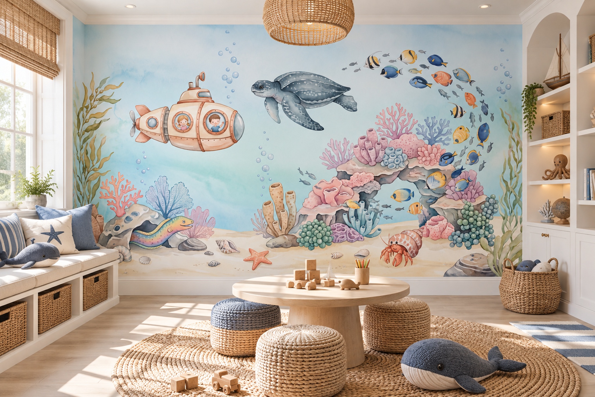 Underwater Submarine And Sea Turtle Wallpaper Mural — Wallpaper Mural Design, Peel-and-stick Finish