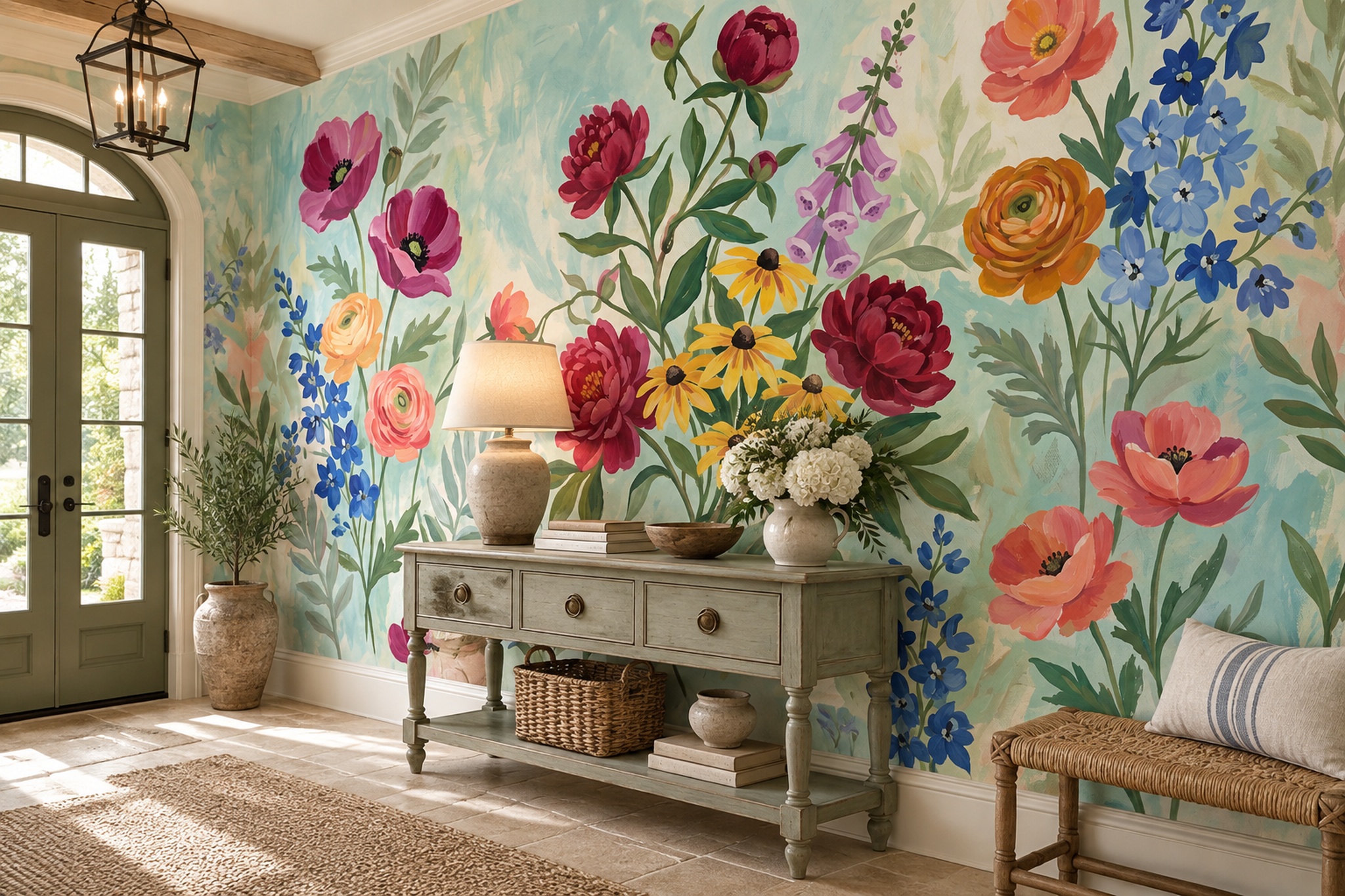 Red Vintage Artful Wallpaper Mural Living-room-wallpaper-murals, Shown In A Living Room, Peel-and-stick Finish