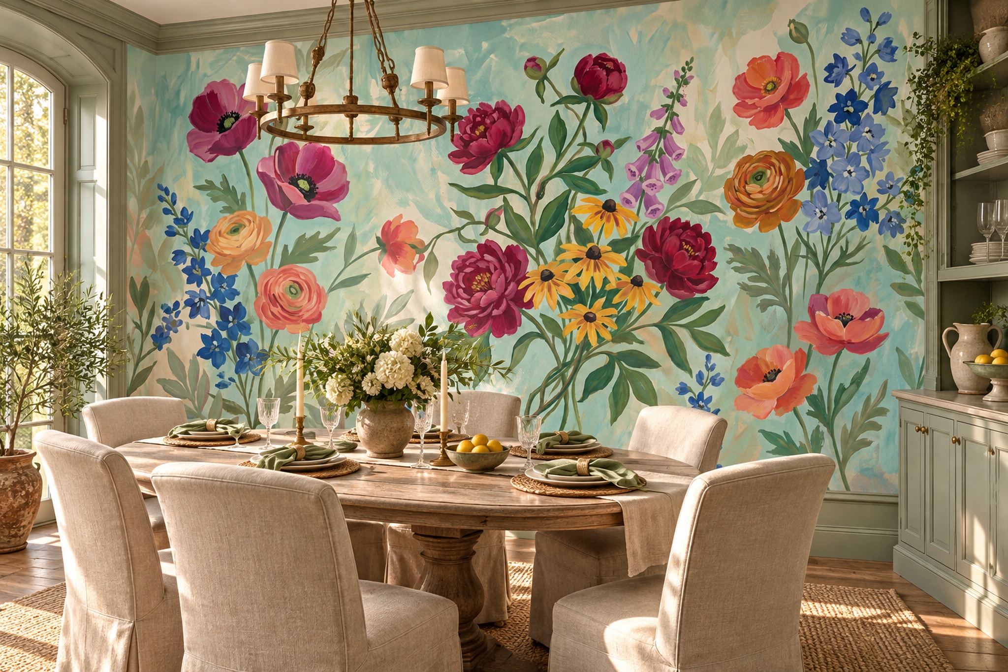 Colourful Painterly Garden Flowers Wallpaper Mural — Wallpaper Mural Design, Peel-and-stick Finish