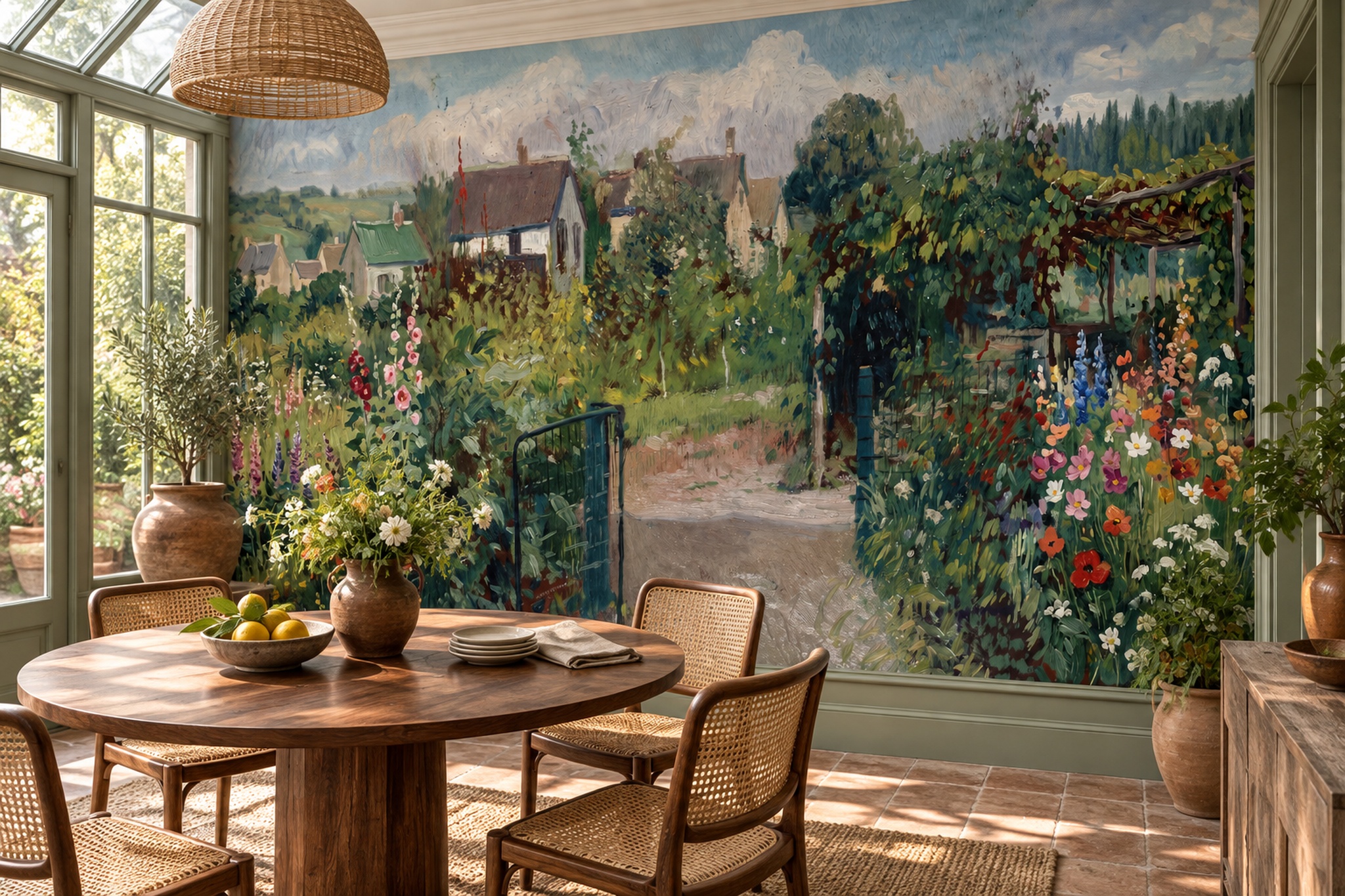Green Garden Scenic Atmospheric Wallpaper Mural Dining-room-wallpaper-murals, Shown In A Dining Room, Peel-and-stick Finish