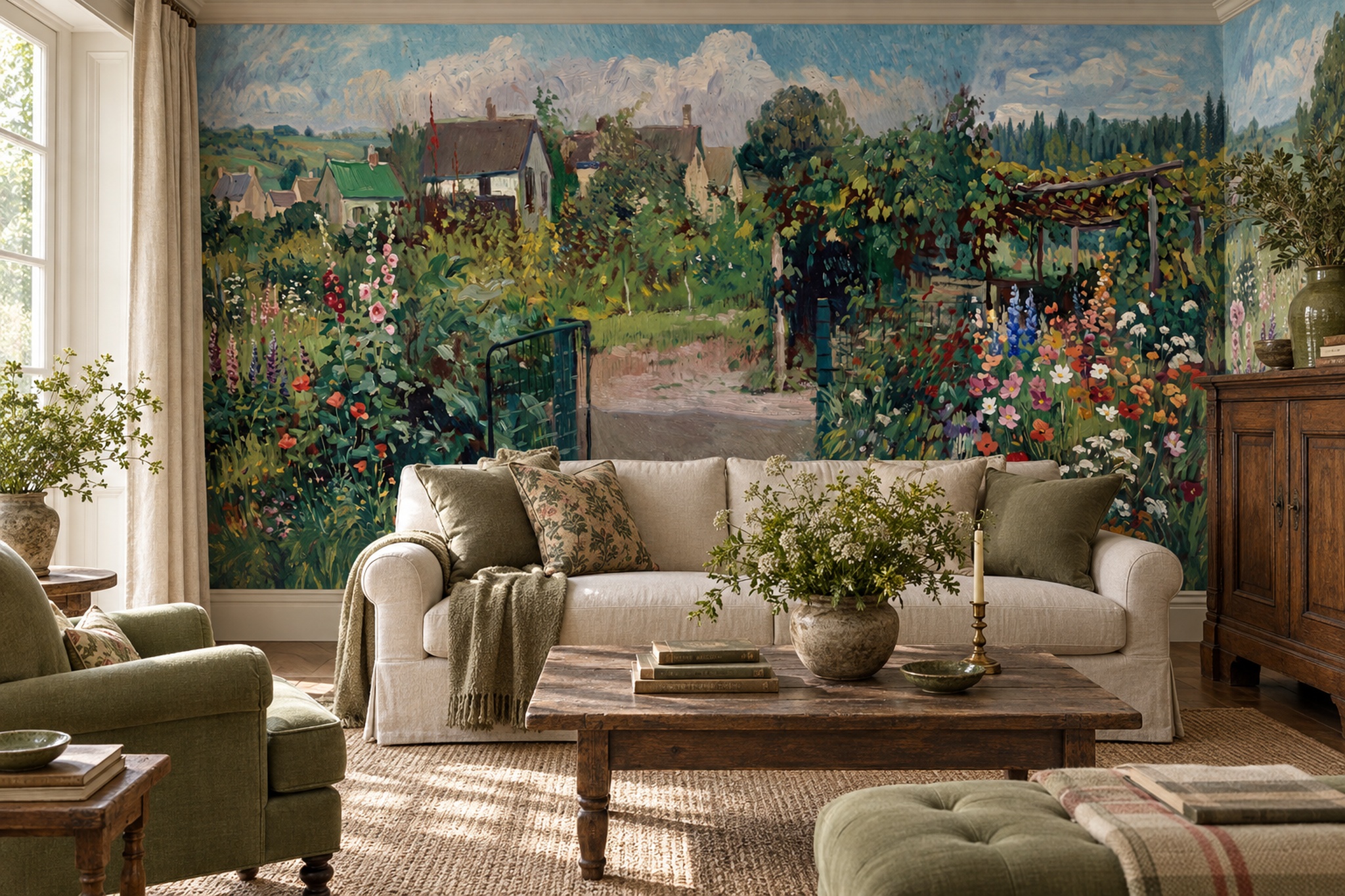 Painterly Country Garden And Village Wallpaper Mural — Wallpaper Mural Design, Peel-and-stick Finish