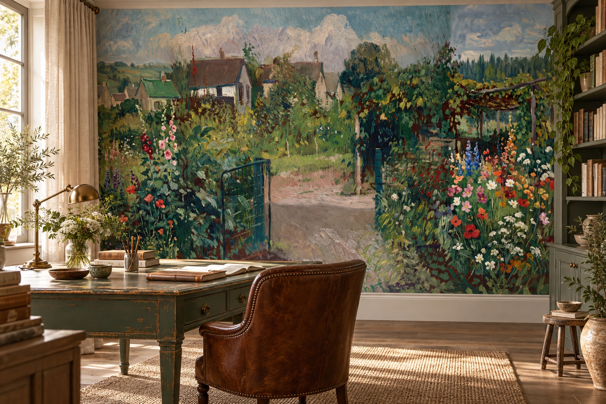 Green Garden Scenic Atmospheric Wallpaper Mural Home-office-wallpaper-murals, Shown In A Home Office, Peel-and-stick Finish