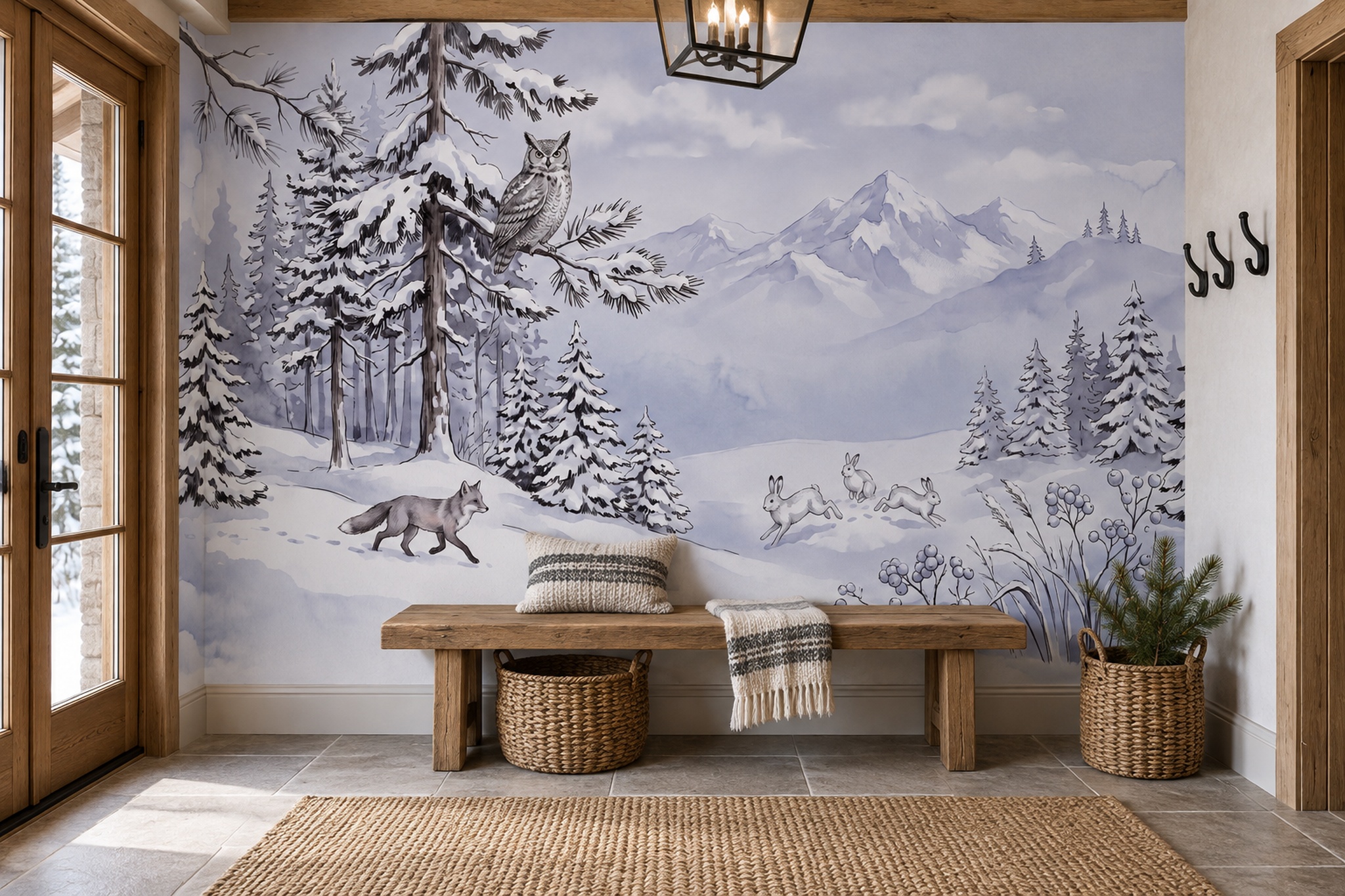 Winter Forest Animals With An Owl And Fox Wallpaper Mural — Installed Wallpaper Mural In A Entryway, Peel-and-stick Finish