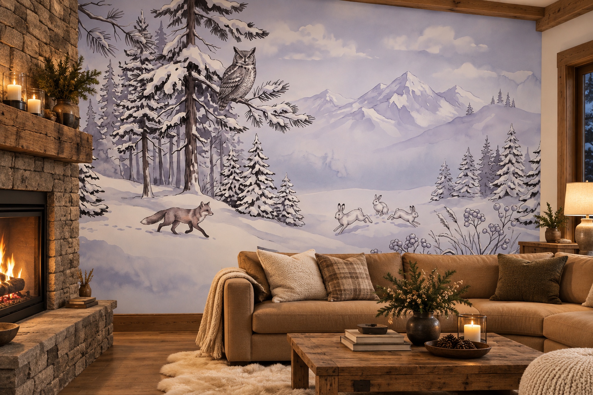 Lilac Pattern Decorative Atmospheric Wallpaper Mural Living-room-wallpaper-murals, Shown In A Living Room, Peel-and-stick Finish