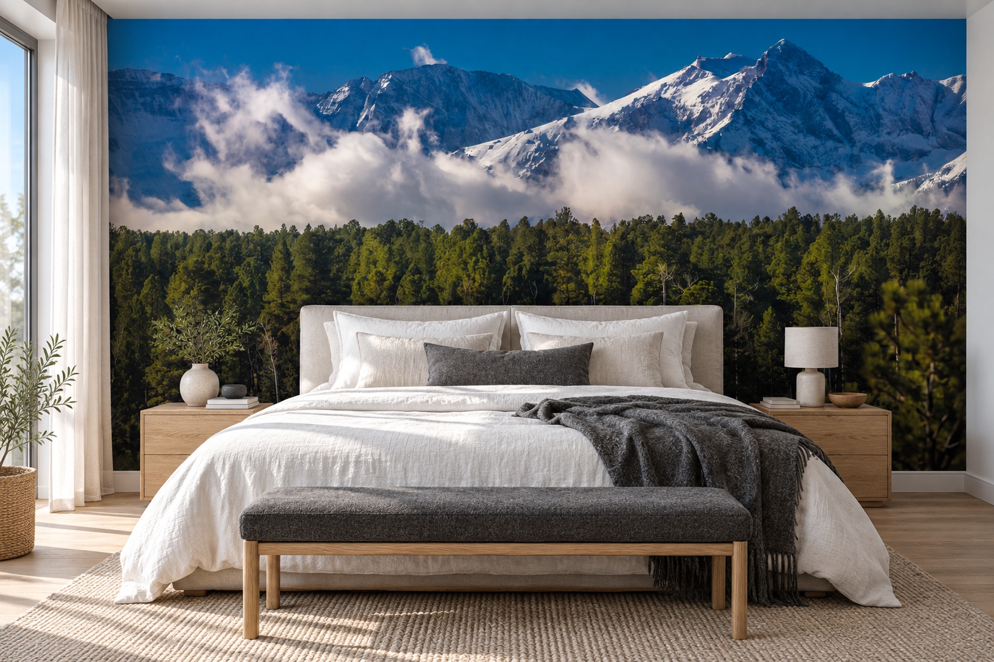 Blue Mountain Scenic Atmospheric Wallpaper Mural Bedroom-wallpaper-murals, Peel-and-stick Finish