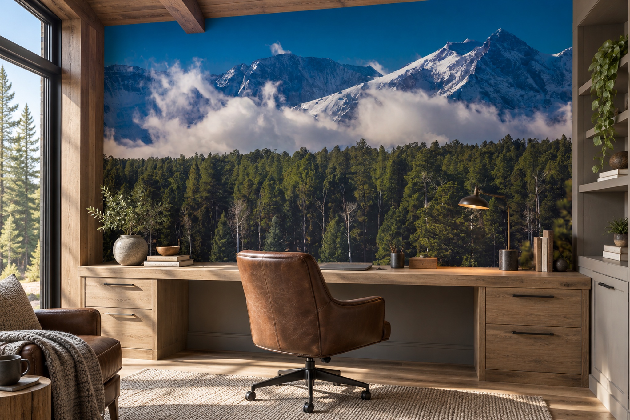Blue Mountain Scenic Atmospheric Wallpaper Mural Home-office-wallpaper-murals, Shown In A Home Office, Peel-and-stick Finish