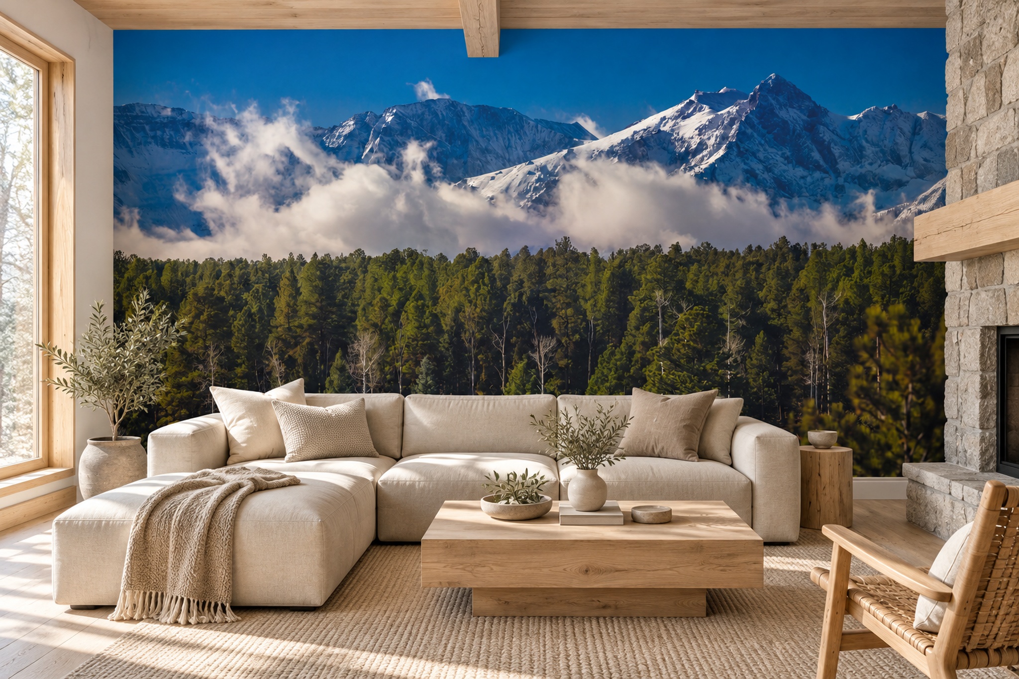 Snowy Mountain Peaks Above A Pine Forest Wallpaper Mural — Wallpaper Mural Design, Peel-and-stick Finish