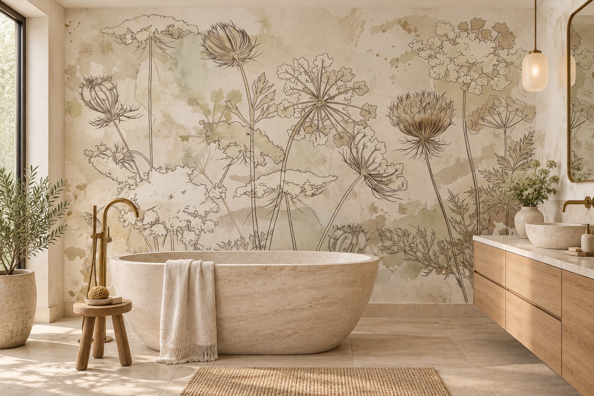 Beige Botanical Botanical Layered Wallpaper Mural Bathroom-wallpaper-murals, Peel-and-stick Finish